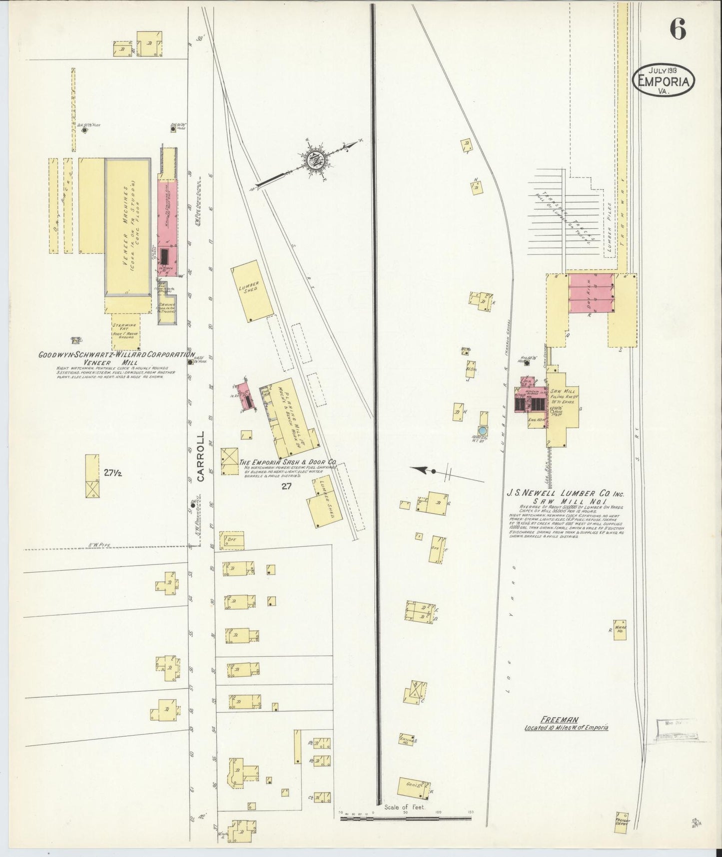 Sanborn Fire Insurance Map from Emporia, Independent Cities, Virginia (1913), Sheet #0006 - Historic Sanborn Fire Insurance Map Print, vintage old map wall art, antique decor, genealogy gift, Virginia Virginia map