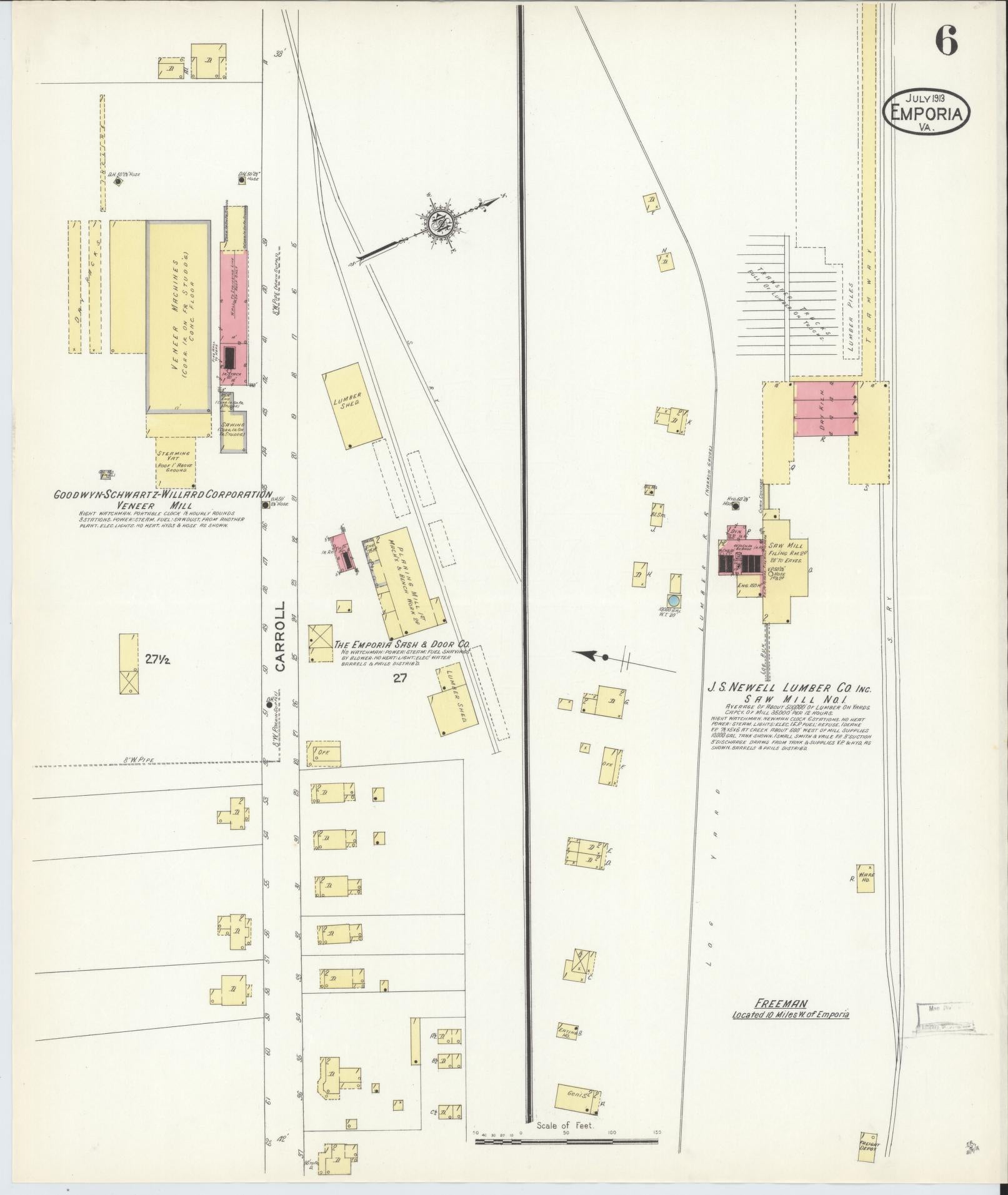 Sanborn Fire Insurance Map from Emporia, Independent Cities, Virginia (1913), Sheet #0006 - Historic Sanborn Fire Insurance Map Print, vintage old map wall art, antique decor, genealogy gift, Virginia Virginia map