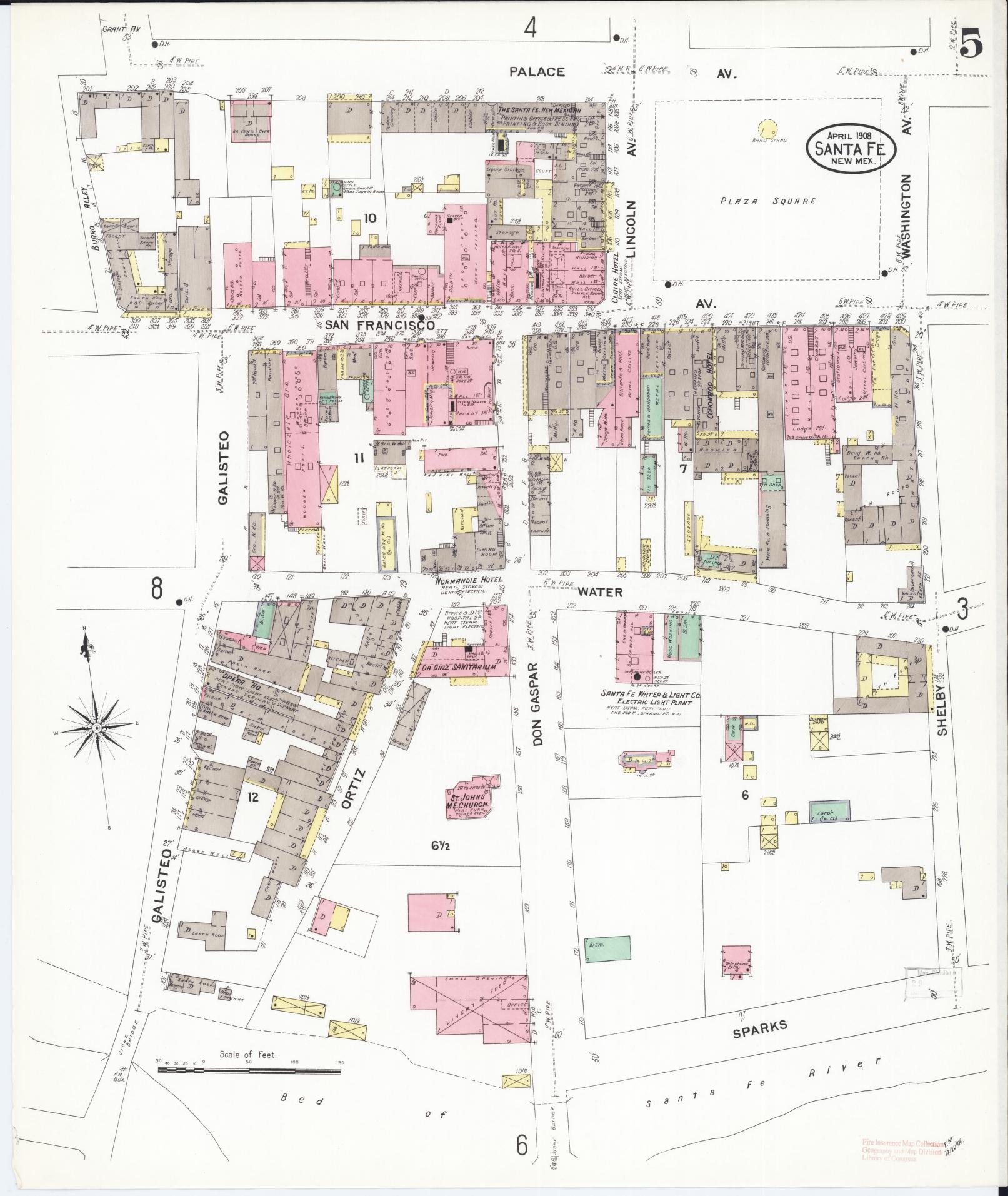 Sanborn Fire Insurance Map from Santa Fe, Santa Fe County, New Mexico (1908), Sheet #0005 - Complete Map Set gallery image, historic Sanborn map, vintage wall art, New Mexico New Mexico