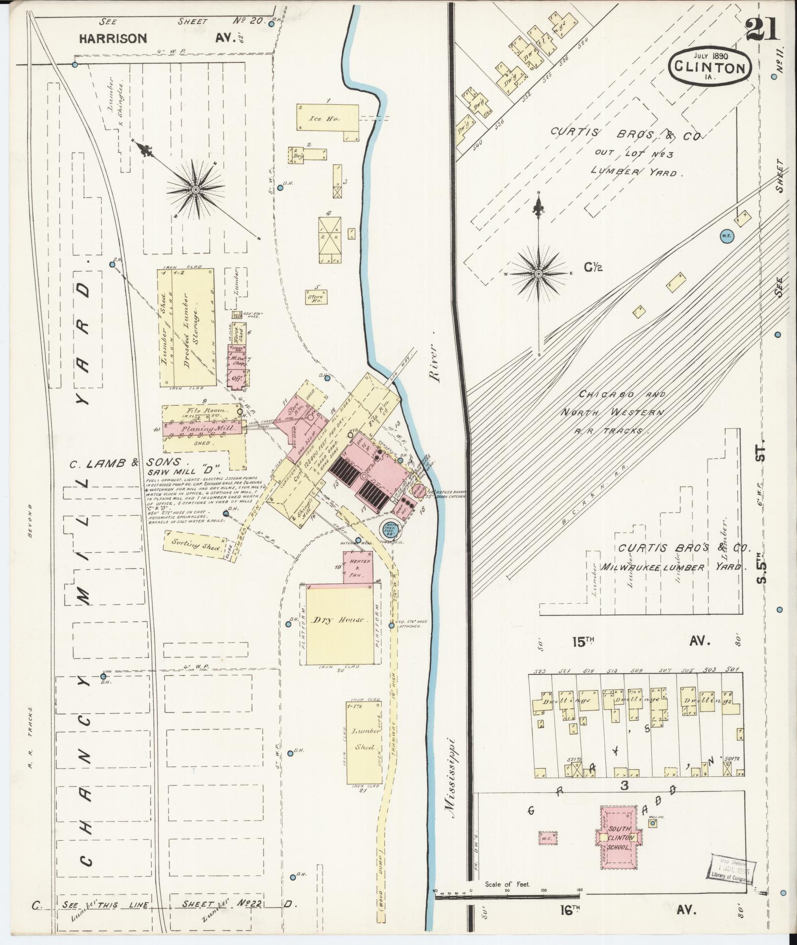 Sanborn Fire Insurance Map from Clinton, Clinton County, Iowa (1890), Sheet #0021 - Historic Sanborn Fire Insurance Map Print, vintage old map wall art