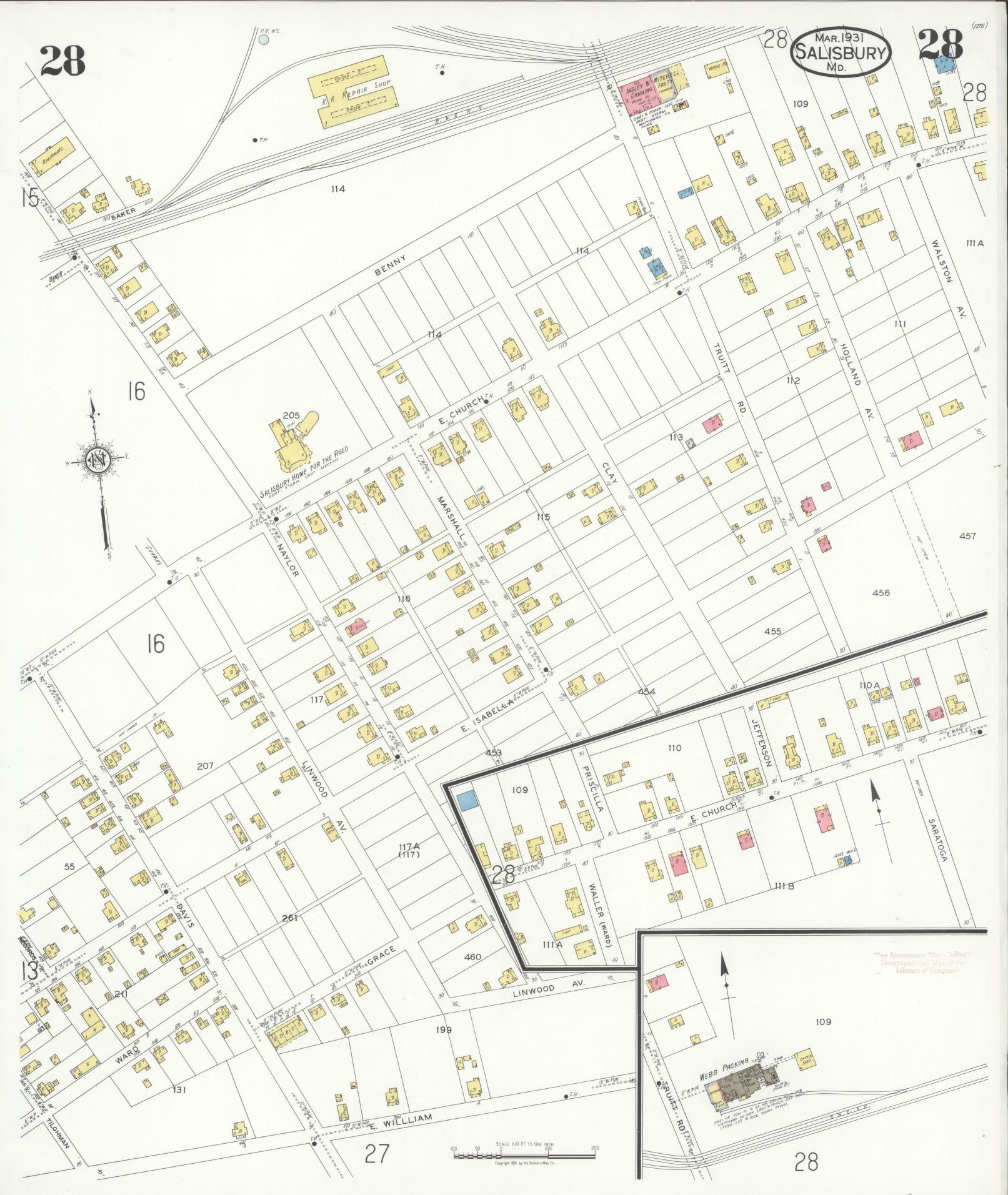 Sanborn Fire Insurance Map from Salisbury, Wicomico County, Maryland (1931), Sheet #0028 - Historic Sanborn Fire Insurance Map Print, vintage old map wall art