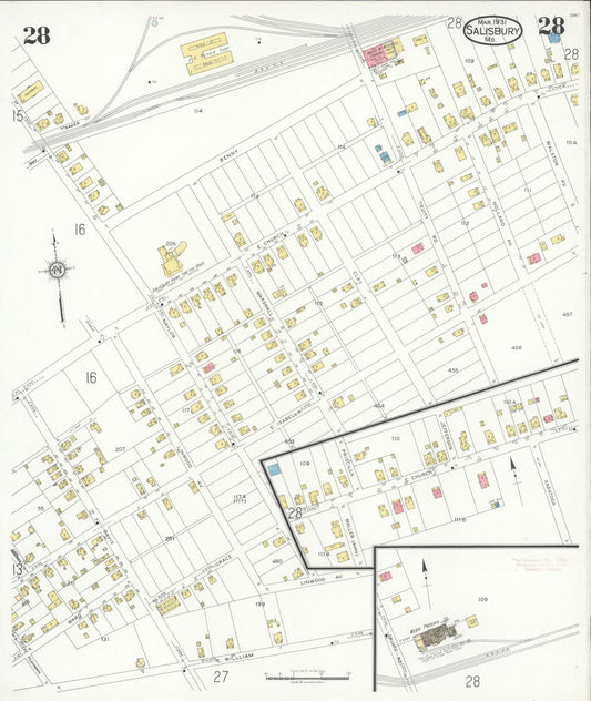 Sanborn Fire Insurance Map from Salisbury, Wicomico County, Maryland (1931), Sheet #0028 - Historic Sanborn Fire Insurance Map Print, vintage old map wall art