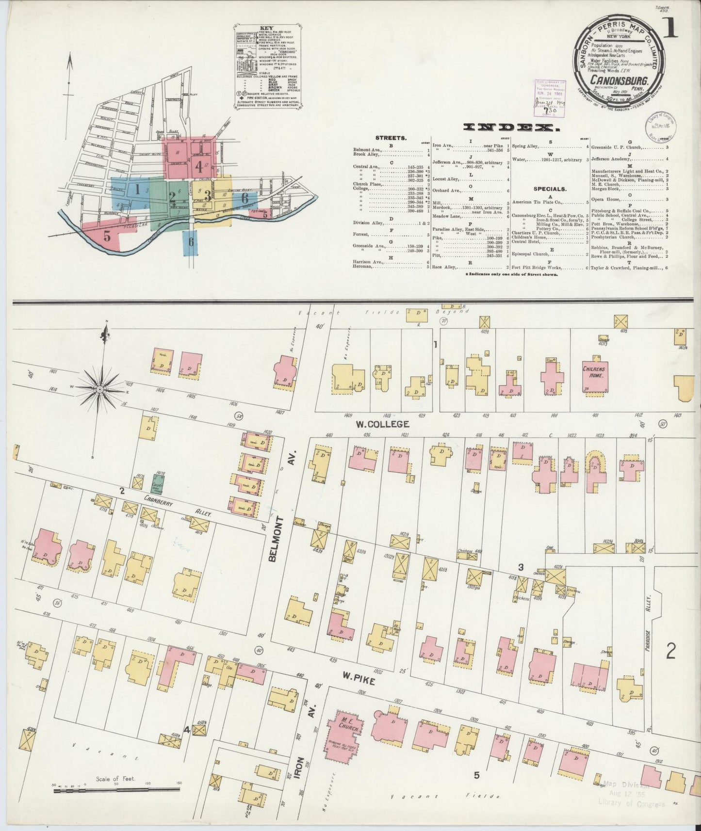 Sanborn Fire Insurance Map from Canonsburg, Washington County, Pennsylvania (1901), Sheet #0001 - Historic Sanborn Fire Insurance Map Print, vintage old map wall art, antique decor, genealogy gift, Pennsylvania Pennsylvania map