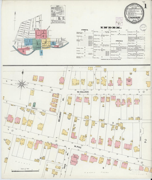 Sanborn Fire Insurance Map from Canonsburg, Washington County, Pennsylvania (1901), Sheet #0001 - Historic Sanborn Fire Insurance Map Print, vintage old map wall art, antique decor, genealogy gift, Pennsylvania Pennsylvania map
