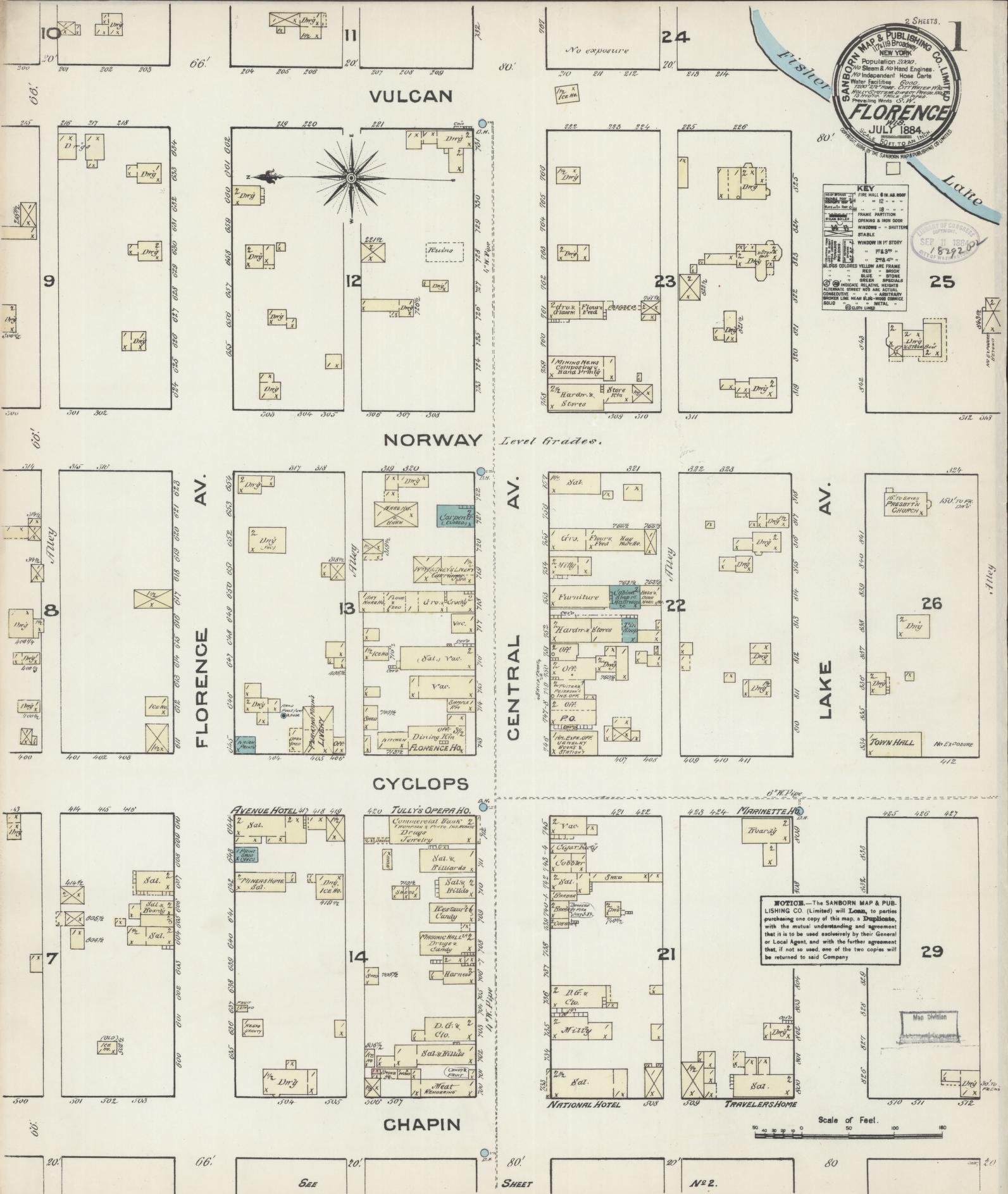 Sanborn Fire Insurance Map from Florence, Florence County, Wisconsin (1884), Sheet #0001 - Historic Sanborn Fire Insurance Map Print, vintage old map wall art, antique decor, genealogy gift, Wisconsin Wisconsin map