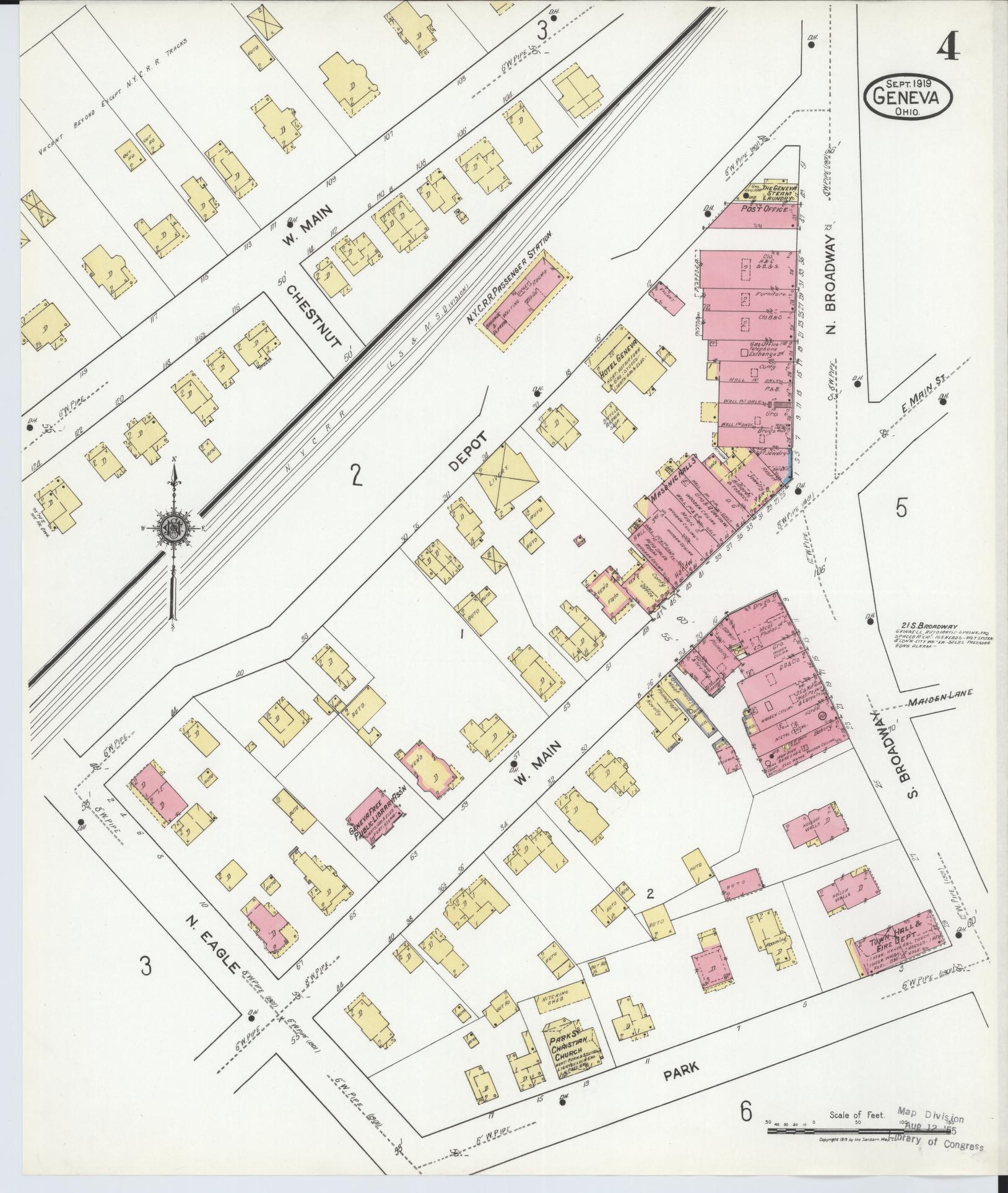 Sanborn Fire Insurance Map from Geneva, Ashtabula County, Ohio (1919), Sheet #0004 - Historic Sanborn Fire Insurance Map Print, vintage old map wall art, antique decor, genealogy gift, Ohio Ohio map