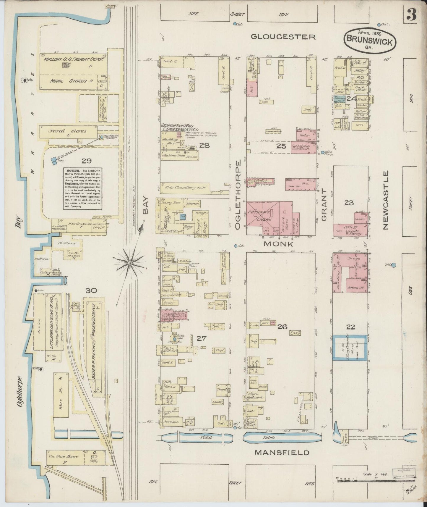 Sanborn Fire Insurance Map from Brunswick, Glynn County, Georgia (1885), Sheet #0003 - Complete Map Set gallery image, historic Sanborn map, vintage wall art, Georgia Georgia