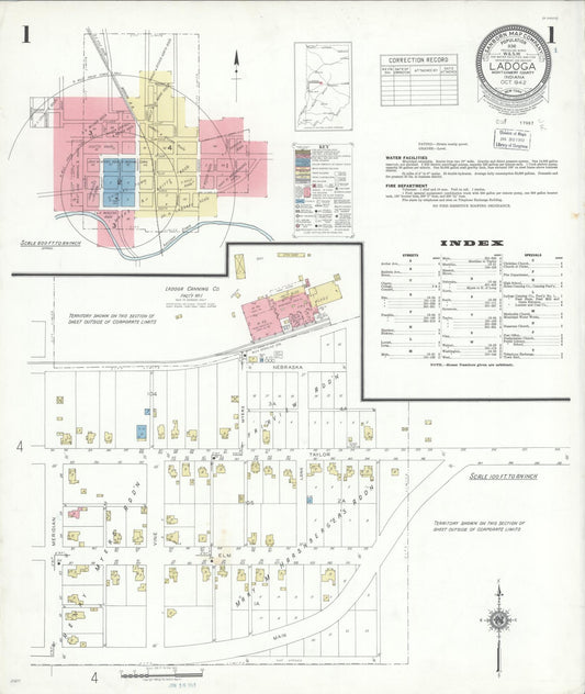 Sanborn Fire Insurance Map from Ladoga, Montgomery County, Indiana (1942), Sheet #0001 - Historic Sanborn Fire Insurance Map Print, vintage old map wall art, antique decor, genealogy gift, Indiana Indiana map