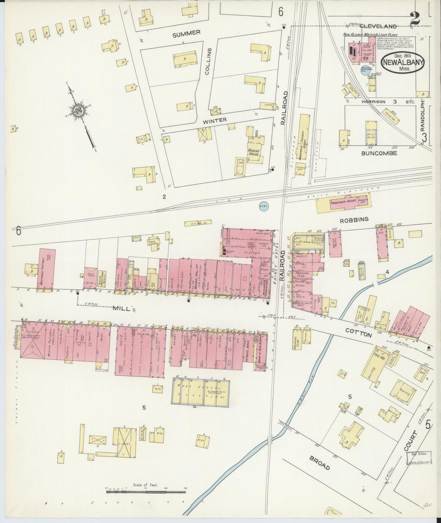 Sanborn Fire Insurance Map from New Albany, Union County, Mississippi (1913), Sheet #0002 - Historic Sanborn Fire Insurance Map Print, vintage old map wall art, antique decor, genealogy gift, Mississippi Mississippi map