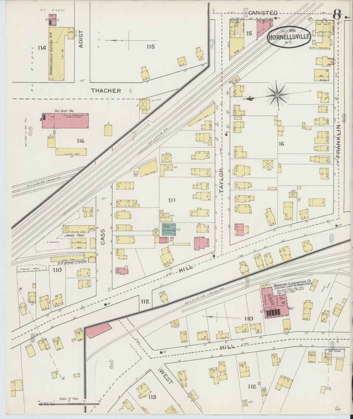 Sanborn Fire Insurance Map from Hornell, Steuben County, New York (1893), Sheet #0008 - Historic Sanborn Fire Insurance Map Print, vintage old map wall art, antique decor, genealogy gift, New York New York map