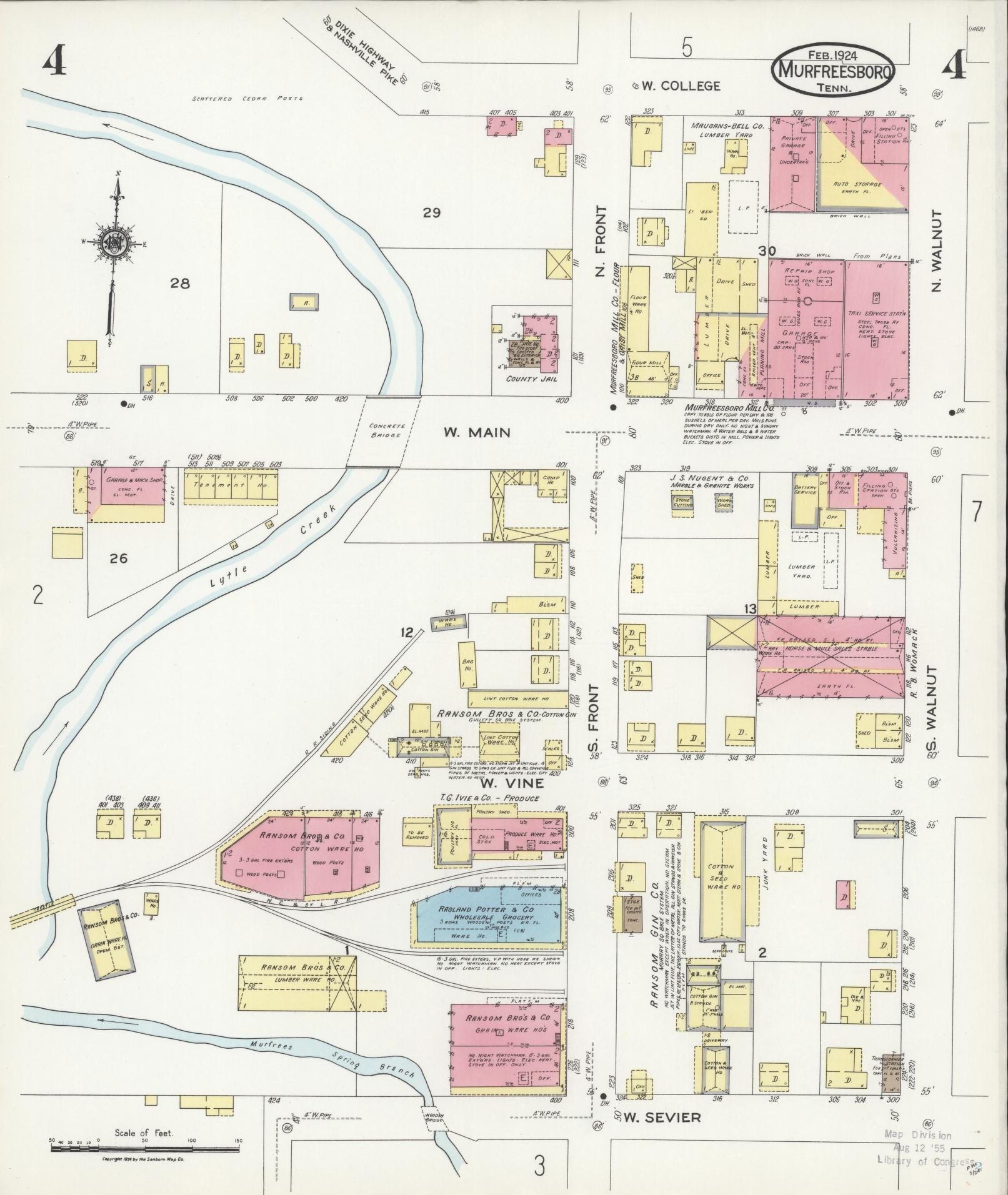 Sanborn Fire Insurance Map from Murfreesboro, Rutherford County, Tennessee (1924), Sheet #0004 - Historic Sanborn Fire Insurance Map Print, vintage old map wall art, antique decor, genealogy gift, Tennessee Tennessee map