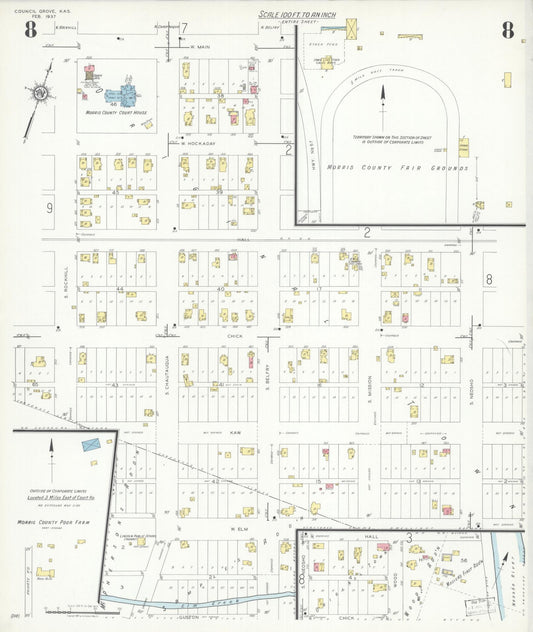 Sanborn Fire Insurance Map from Council Grove, Morris County, Kansas (1937), Sheet #0008 - Historic Sanborn Fire Insurance Map Print, vintage old map wall art, antique decor, genealogy gift, Kansas Kansas map