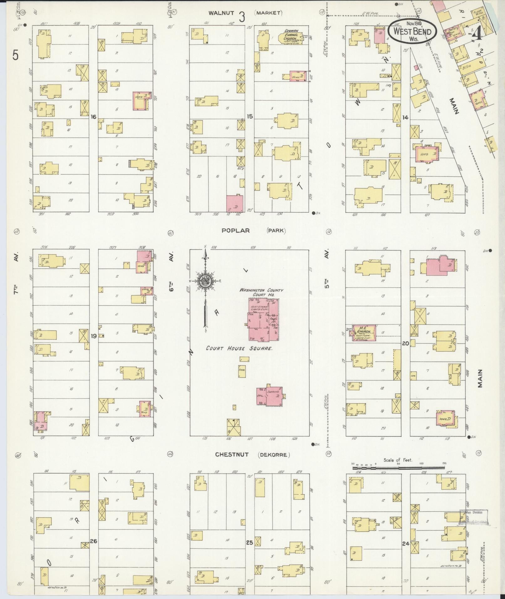 Sanborn Fire Insurance Map from West Bend, Washington County, Wisconsin (1910), Sheet #0004 - Complete Map Set gallery image, historic Sanborn map, vintage wall art, Wisconsin Wisconsin
