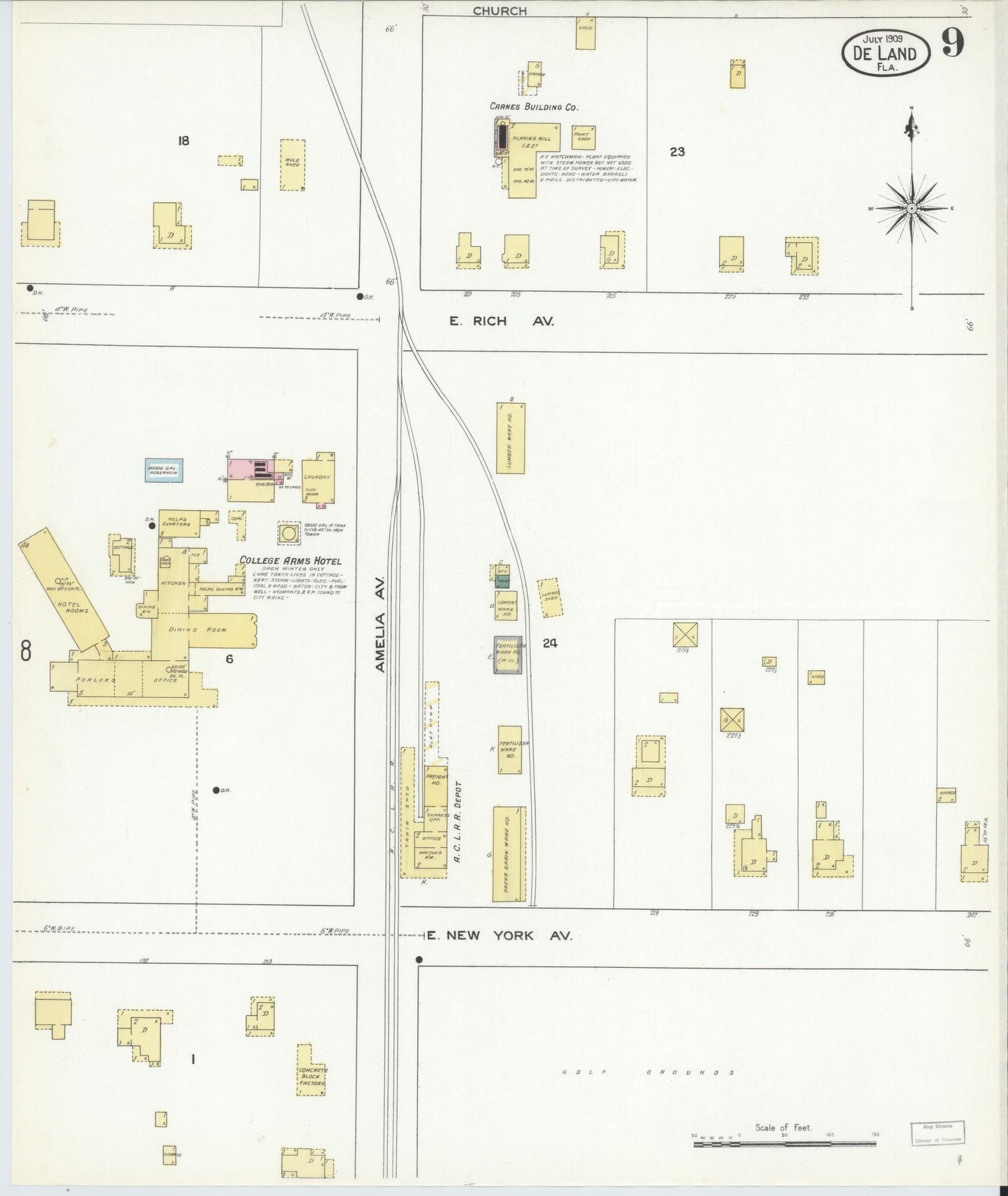 Sanborn Fire Insurance Map from De Land, Volusia County, Florida (1909), Sheet #0009 - Complete Map Set gallery image, historic Sanborn map, vintage wall art, Florida Florida