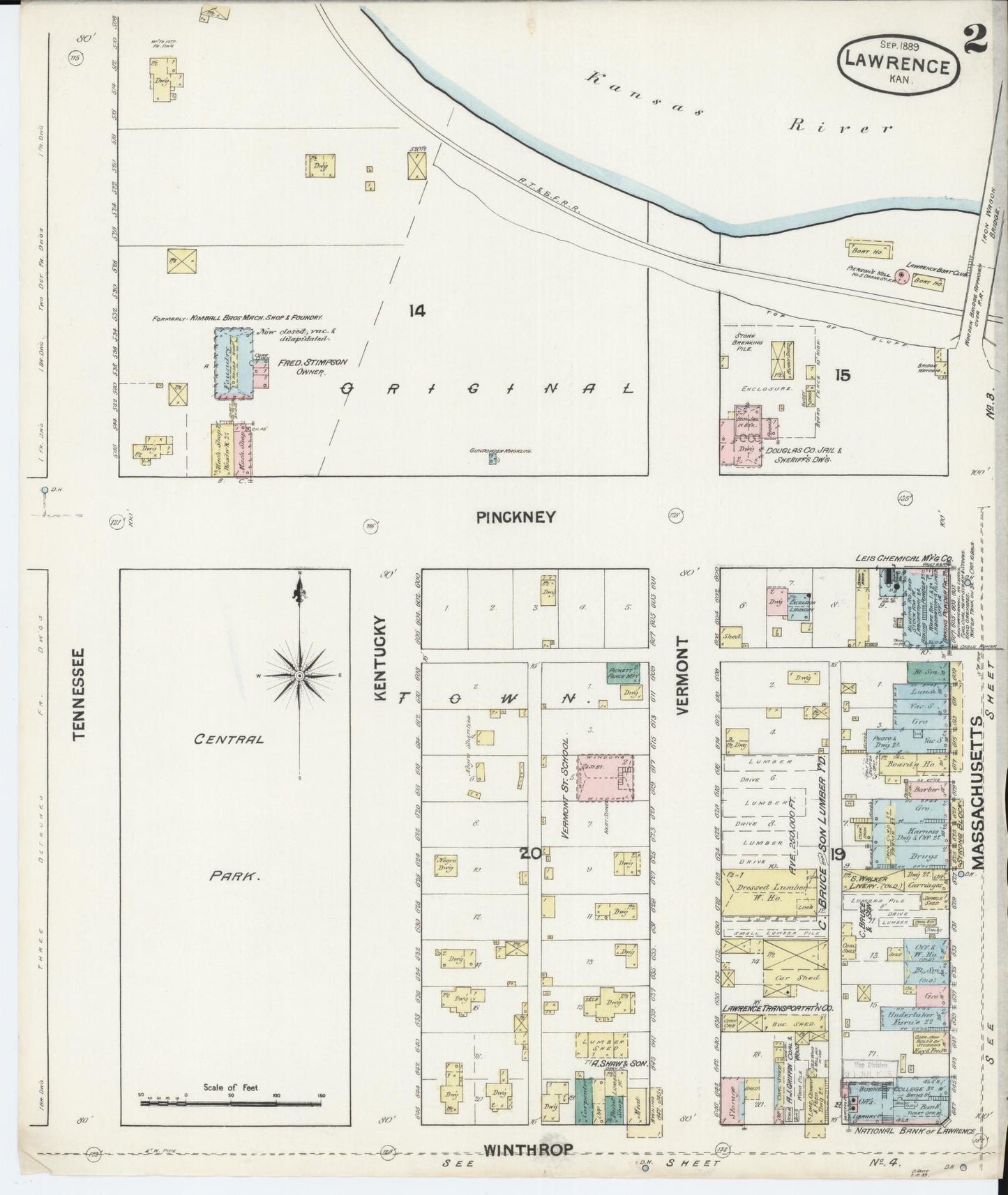Sanborn Fire Insurance Map from Lawrence, Douglas County, Kansas (1889), Sheet #0002 - Complete Map Set gallery image, historic Sanborn map, vintage wall art, Kansas Kansas