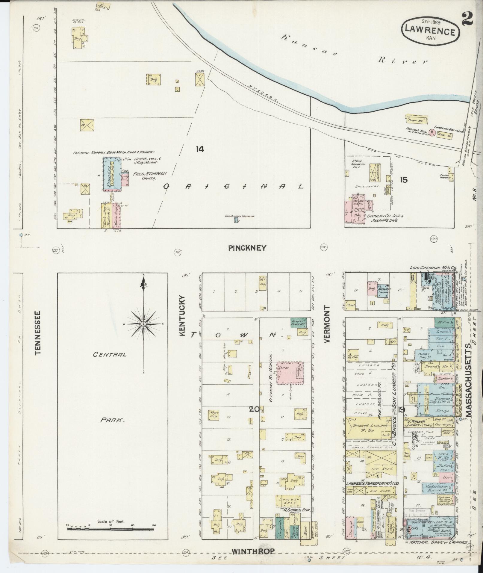 Sanborn Fire Insurance Map from Lawrence, Douglas County, Kansas (1889), Sheet #0002 - Complete Map Set gallery image, historic Sanborn map, vintage wall art, Kansas Kansas