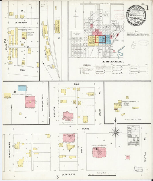 Sanborn Fire Insurance Map from Bedford, Taylor County, Iowa (1898), Sheet #0001 - Historic Sanborn Fire Insurance Map Print, vintage old map wall art