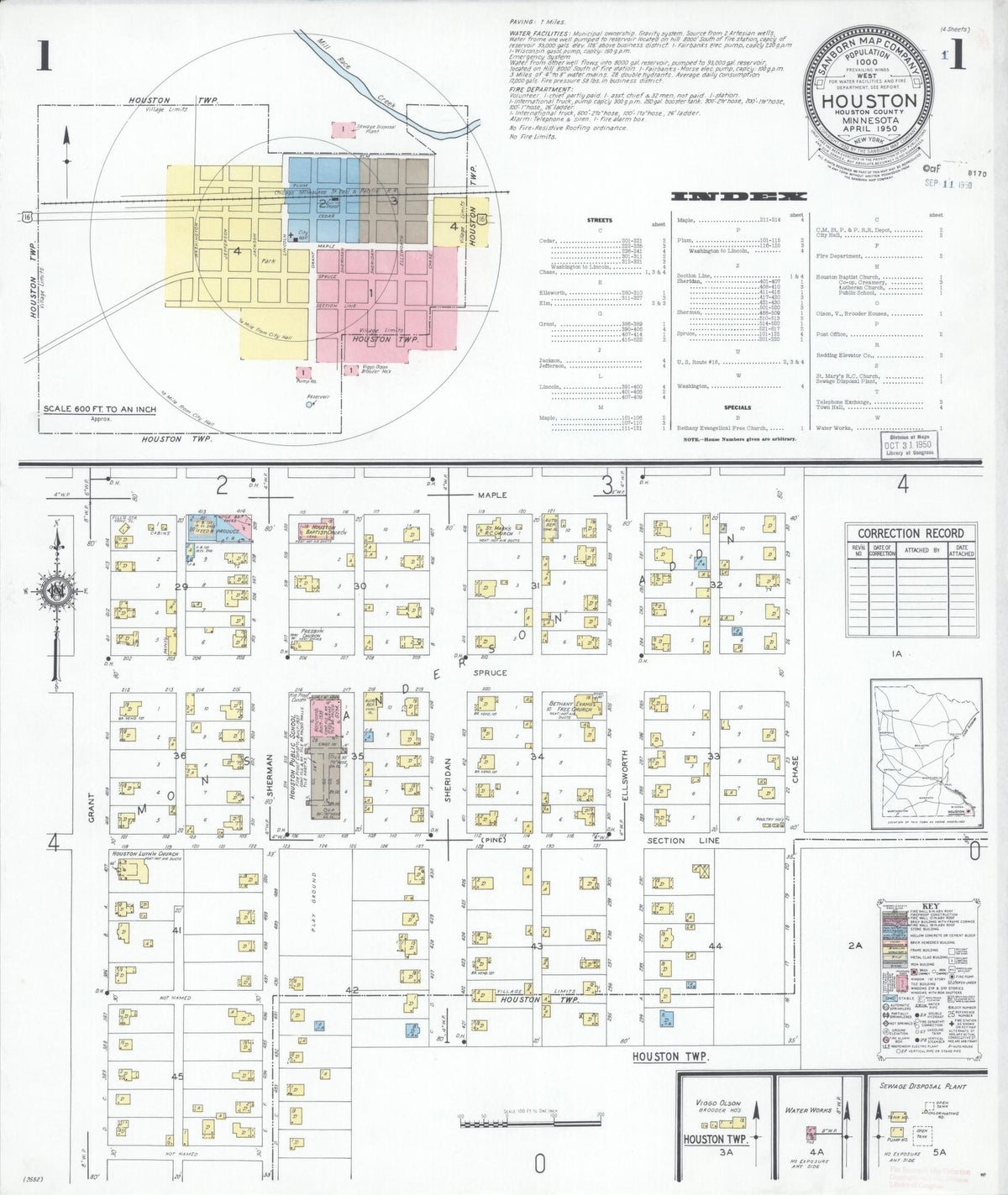 Sanborn Fire Insurance Map from Houston, Houston County, Minnesota (1950), Sheet #0001 - Historic Sanborn Fire Insurance Map Print, vintage old map wall art, antique decor, genealogy gift, Minnesota Minnesota map