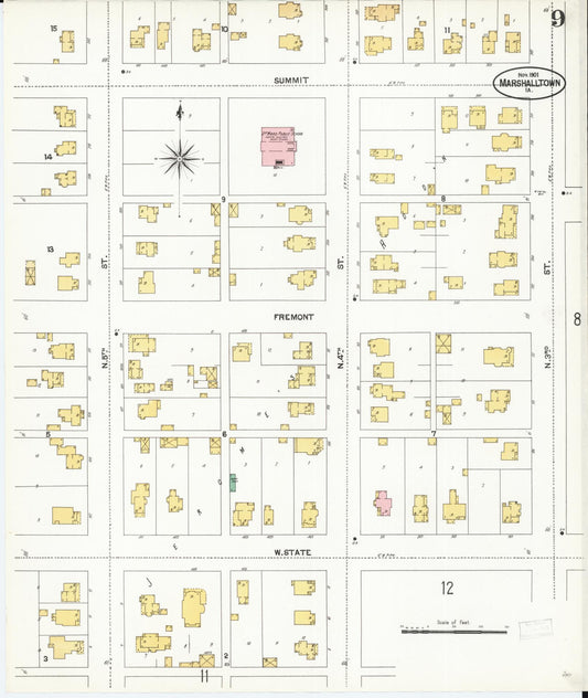 Sanborn Fire Insurance Map from Marshalltown, Marshall County, Iowa (1901), Sheet #0009 - Historic Sanborn Fire Insurance Map Print, vintage old map wall art