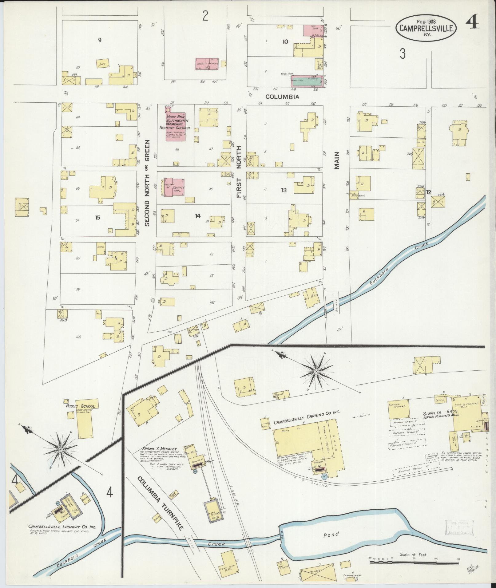 Sanborn Fire Insurance Map from Campbellsville, Taylor County, Kentucky (1908), Sheet #0004 - Historic Sanborn Fire Insurance Map Print, vintage old map wall art, antique decor, genealogy gift, Kentucky Kentucky map