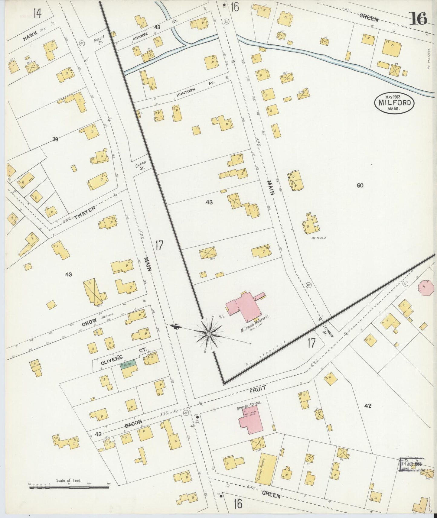 Sanborn Fire Insurance Map from Milford, Worcester County, Massachusetts (1903), Sheet #0016 - Historic Sanborn Fire Insurance Map Print, vintage old map wall art, antique decor, genealogy gift, Massachusetts Massachusetts map