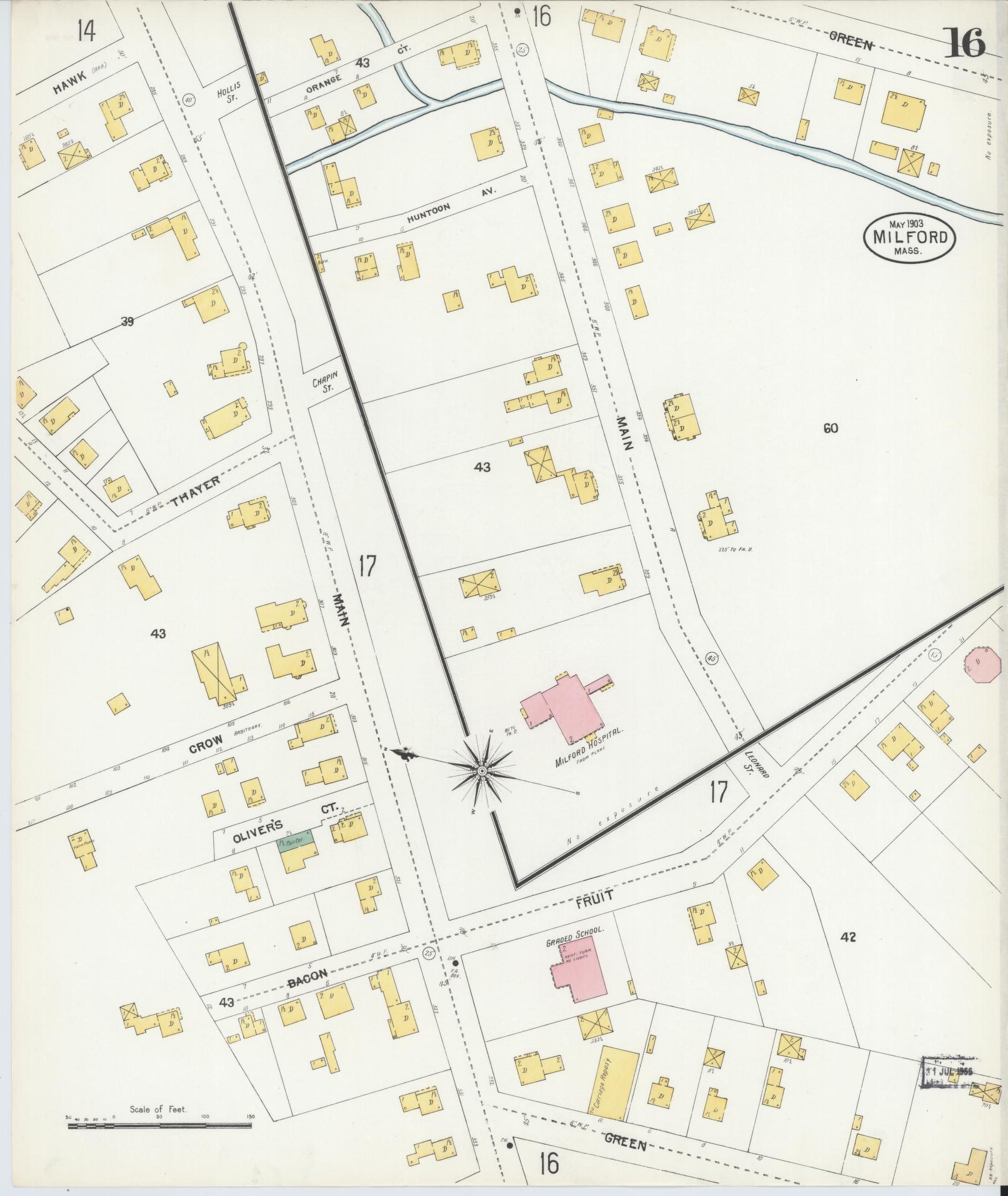 Sanborn Fire Insurance Map from Milford, Worcester County, Massachusetts (1903), Sheet #0016 - Historic Sanborn Fire Insurance Map Print, vintage old map wall art, antique decor, genealogy gift, Massachusetts Massachusetts map