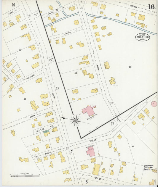 Sanborn Fire Insurance Map from Milford, Worcester County, Massachusetts (1903), Sheet #0016 - Historic Sanborn Fire Insurance Map Print, vintage old map wall art, antique decor, genealogy gift, Massachusetts Massachusetts map