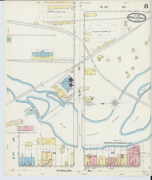 Sanborn Fire Insurance Map from Sioux Falls, Minnehaha County, South Dakota (1891), Sheet #0008 - Historic Sanborn Fire Insurance Map Print, vintage old map wall art, antique decor, genealogy gift, South Dakota South Dakota map
