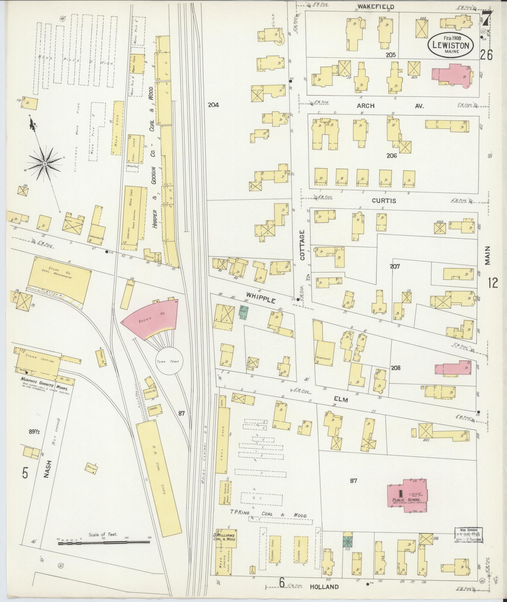 Sanborn Fire Insurance Map from Lewiston, Androscoggin County, Maine (1908), Sheet #0007 - Complete Map Set gallery image, historic Sanborn map, vintage wall art, Maine Maine
