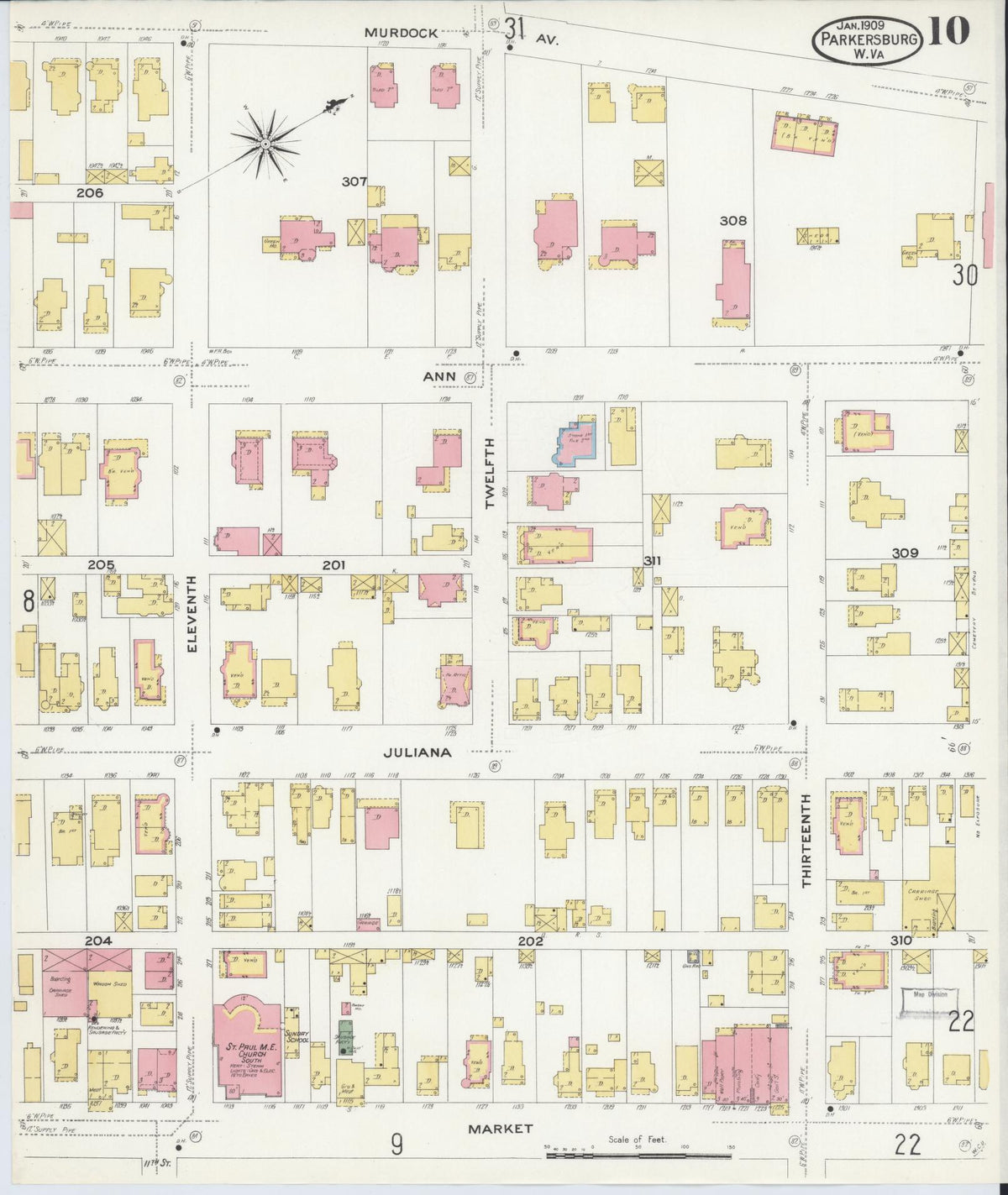 Sanborn Fire Insurance Map from Parkersburg, Wood County, West Virginia (1909), Sheet #0010 - Complete Map Set gallery image, historic Sanborn map, vintage wall art, West Virginia West Virginia