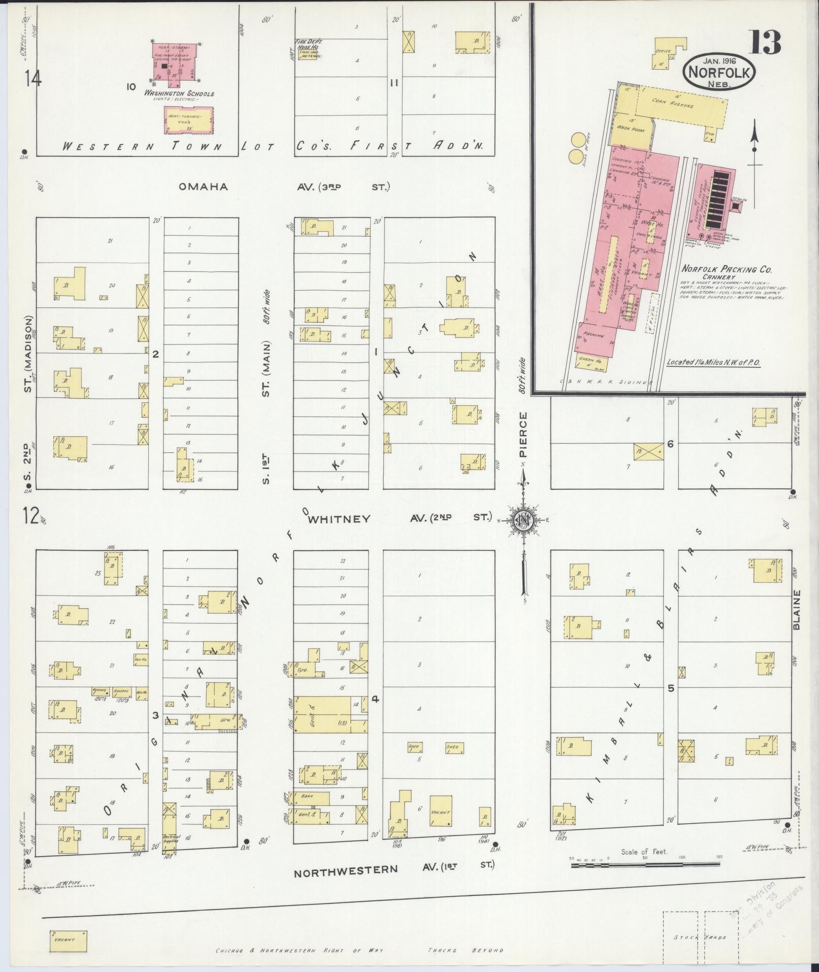 Sanborn Fire Insurance Map from Norfolk, Madison County, Nebraska (1916), Sheet #0013 - Historic Sanborn Fire Insurance Map Print, vintage old map wall art, antique decor, genealogy gift, Nebraska Nebraska map