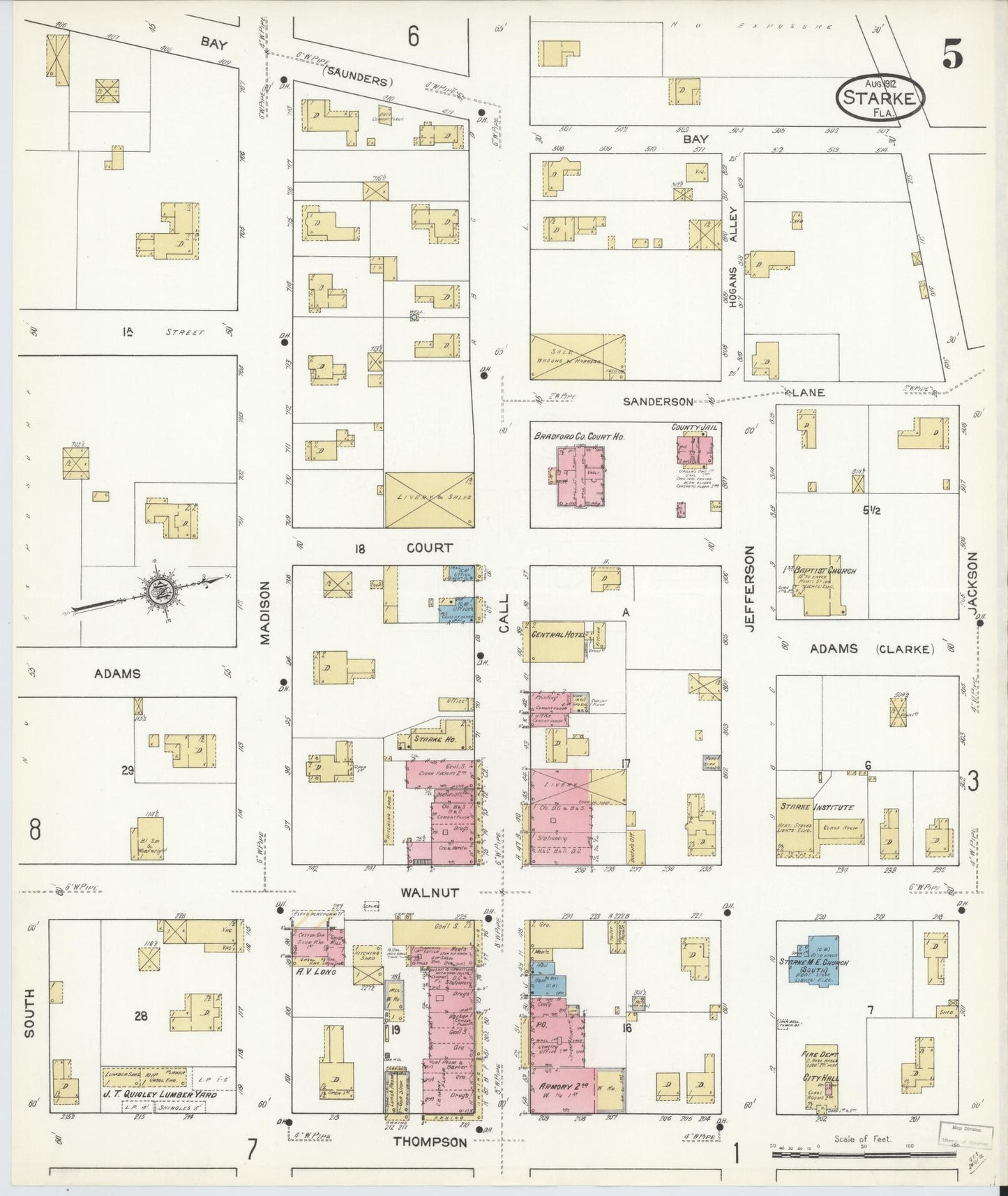 Sanborn Fire Insurance Map from Starke, Bradford County, Florida (1912), Sheet #0005 - Historic Sanborn Fire Insurance Map Print, vintage old map wall art, antique decor, genealogy gift, Florida Florida map