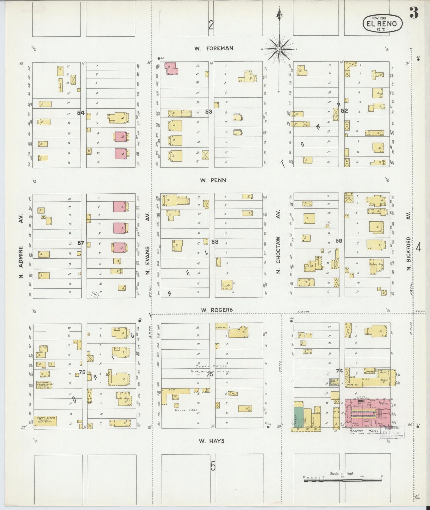 Sanborn Fire Insurance Map from El Reno, Canadian County, Oklahoma (1901), Sheet #0003 - Complete Map Set gallery image, historic Sanborn map, vintage wall art, Oklahoma Oklahoma