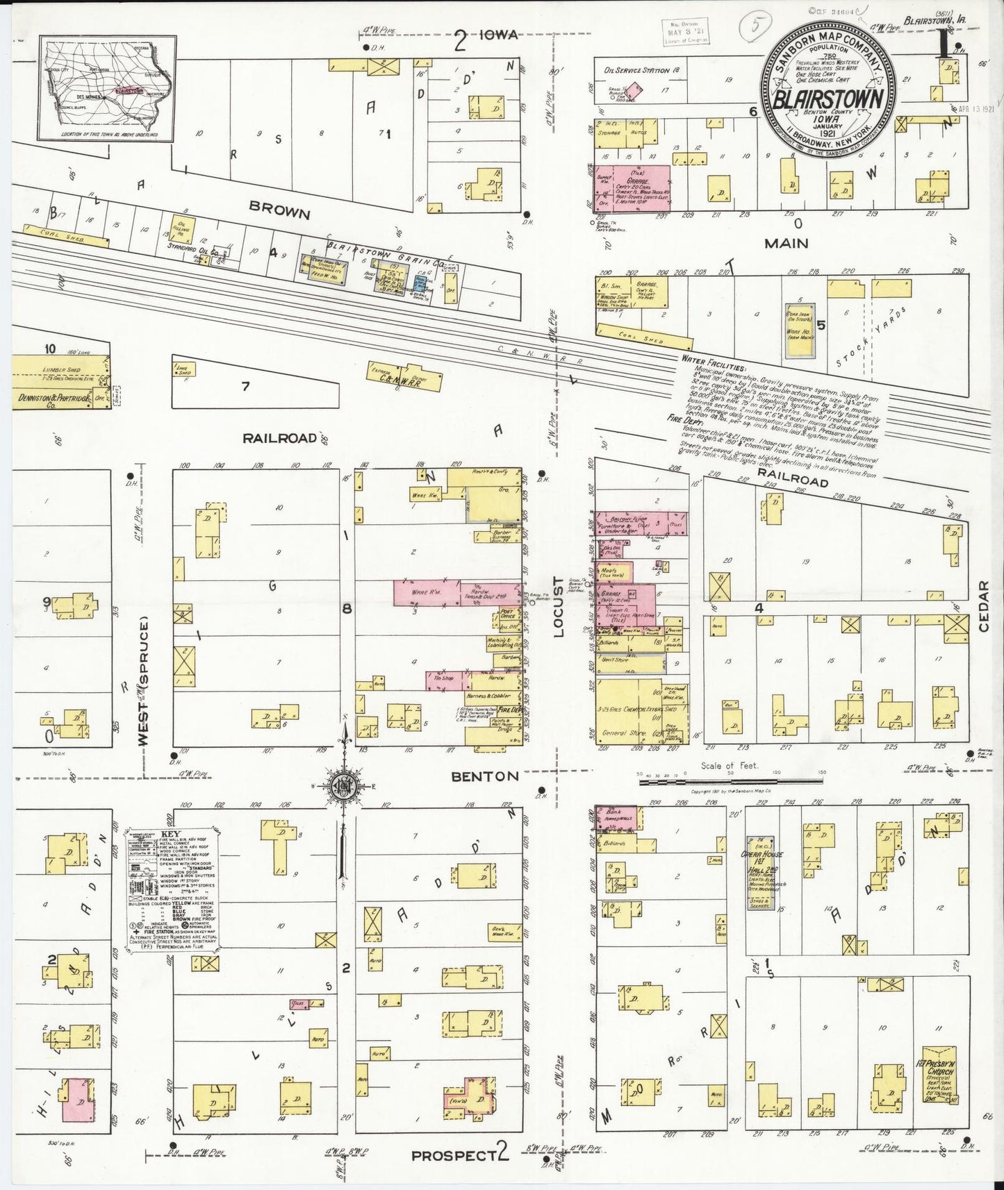 Sanborn Fire Insurance Map from Blairstown, Benton County, Iowa (1921), Sheet #0001 - Historic Sanborn Fire Insurance Map Print, vintage old map wall art