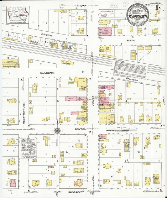 Sanborn Fire Insurance Map from Blairstown, Benton County, Iowa (1921), Sheet #0001 - Historic Sanborn Fire Insurance Map Print, vintage old map wall art