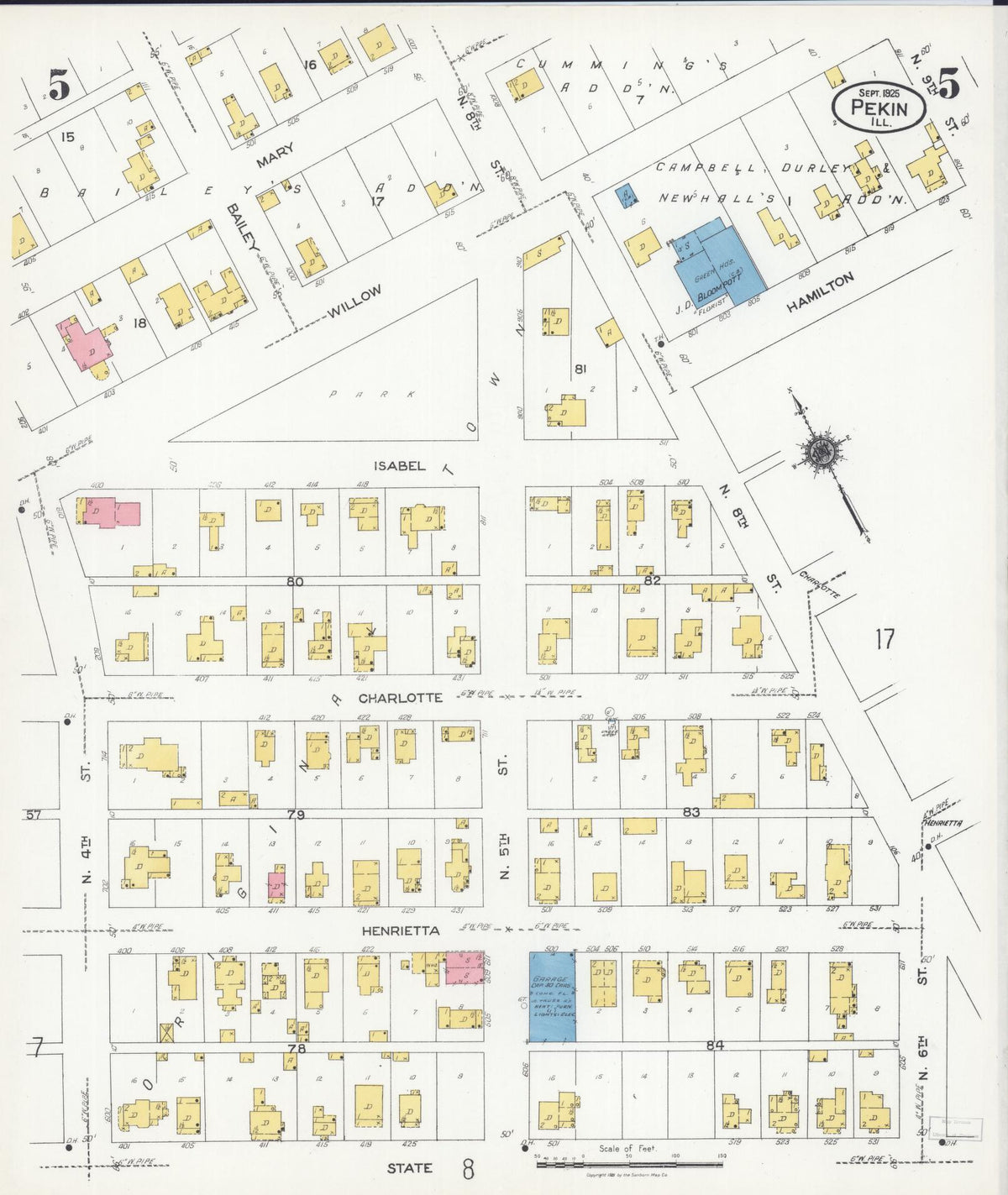 Sanborn Fire Insurance Map from Pekin, Tazewell County, Illinois (1925), Sheet #0005 - Historic Sanborn Fire Insurance Map Print, vintage old map wall art, antique decor, genealogy gift, Illinois Illinois map