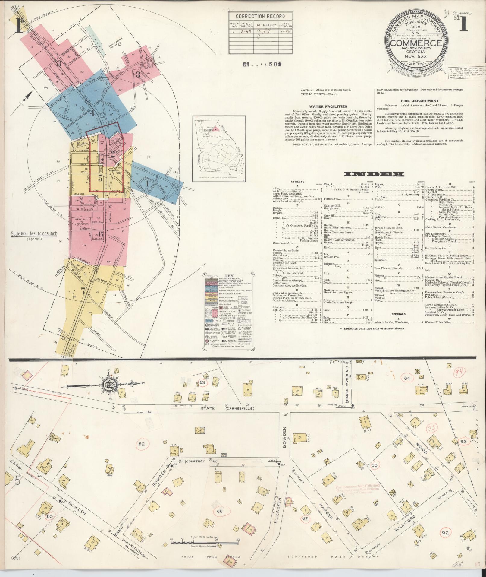 Sanborn Fire Insurance Map from Commerce, Jackson County, Georgia (1943), Sheet #0001 - Complete Map Set gallery image, historic Sanborn map, vintage wall art, Georgia Georgia