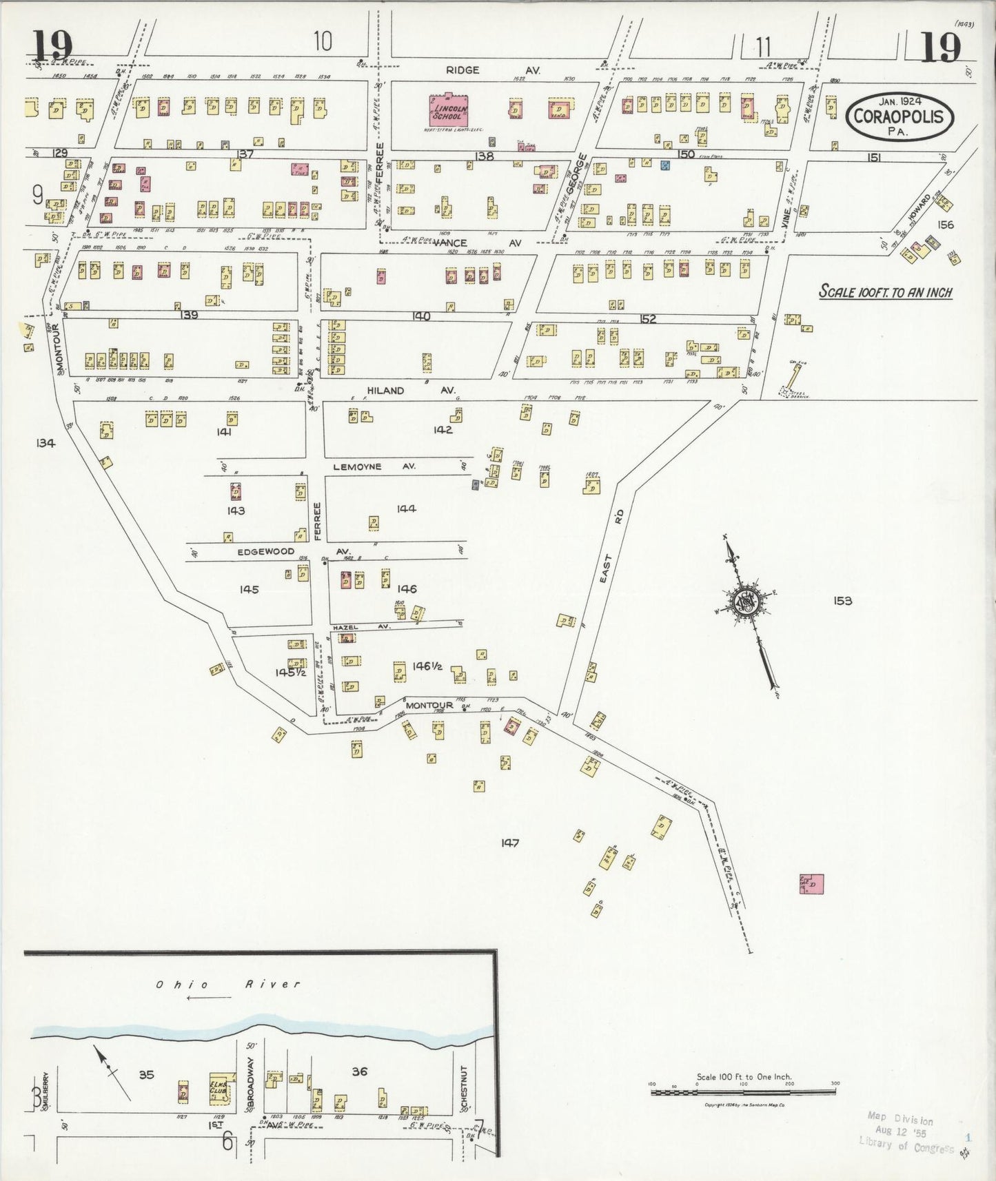 Sanborn Fire Insurance Map from Coraopolis, Allegheny County, Pennsylvania (1924), Sheet #0019 - Historic Sanborn Fire Insurance Map Print, vintage old map wall art, antique decor, genealogy gift, Pennsylvania Pennsylvania map