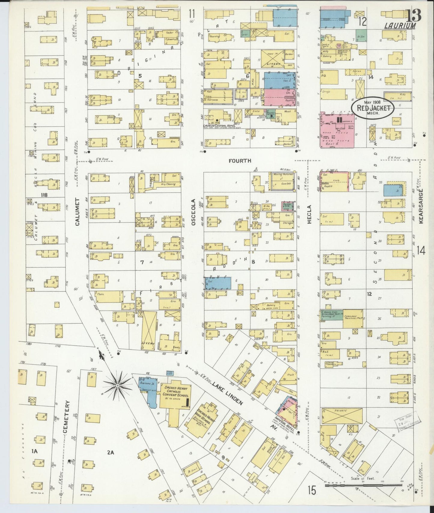 Sanborn Fire Insurance Map from Red Jacket, Houghton County, Michigan (1908), Sheet #0013 - Complete Map Set gallery image, historic Sanborn map, vintage wall art, Michigan Michigan