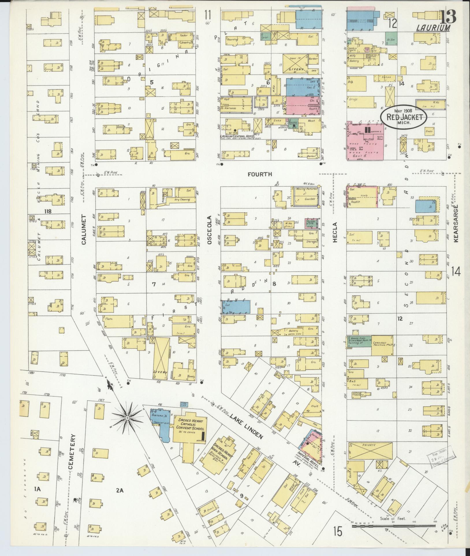 Sanborn Fire Insurance Map from Red Jacket, Houghton County, Michigan (1908), Sheet #0013 - Complete Map Set gallery image, historic Sanborn map, vintage wall art, Michigan Michigan