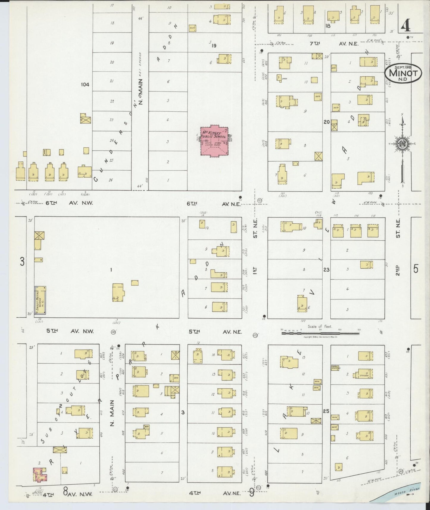 Sanborn Fire Insurance Map from Minot, Ward County, North Dakota (1918), Sheet #0004 - Historic Sanborn Fire Insurance Map Print, vintage old map wall art, antique decor, genealogy gift, North Dakota North Dakota map
