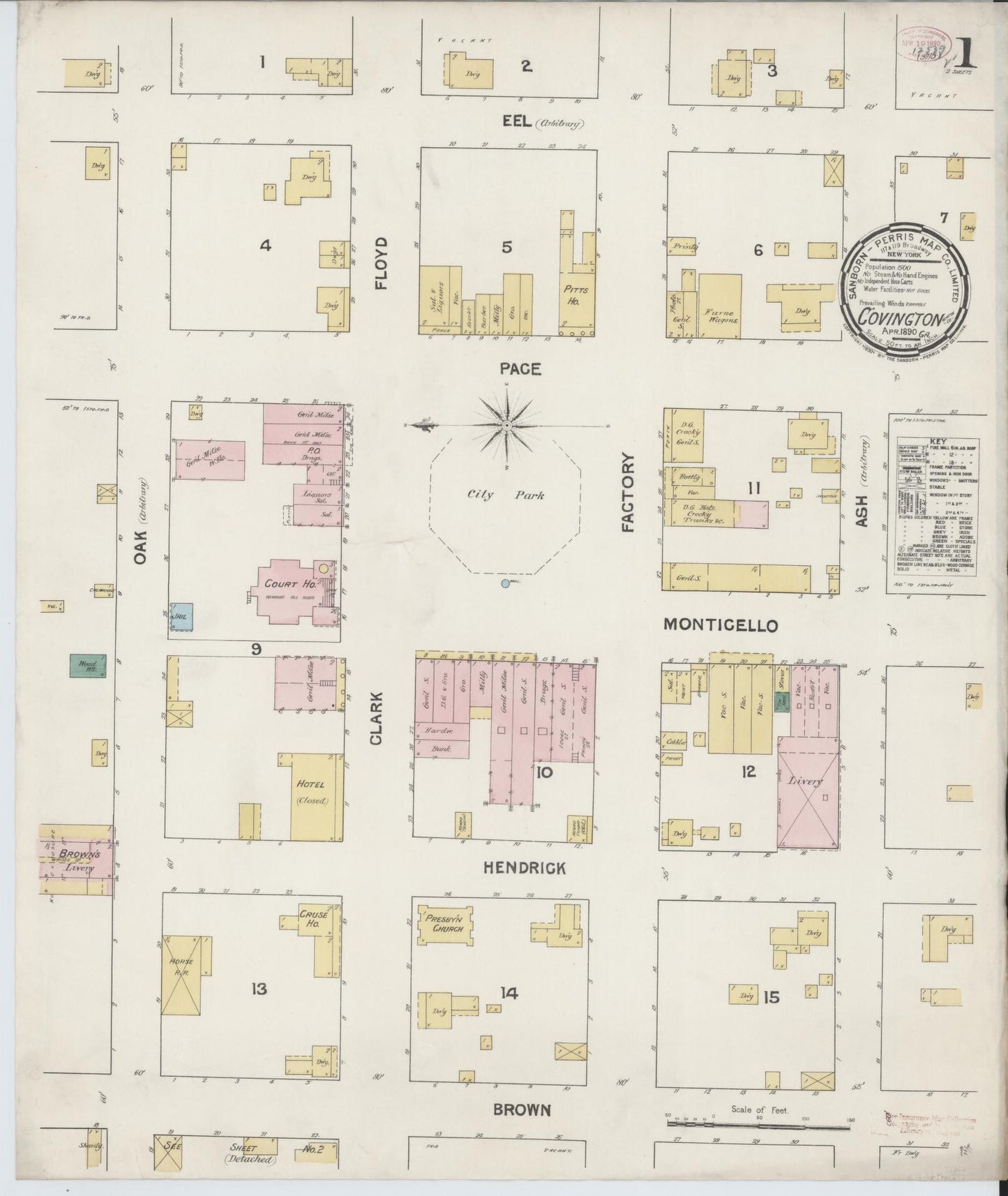 Sanborn Fire Insurance Map from Covington, Newton County, Georgia (1890), Sheet #0001 - Historic Sanborn Fire Insurance Map Print, vintage old map wall art, antique decor, genealogy gift, Georgia Georgia map