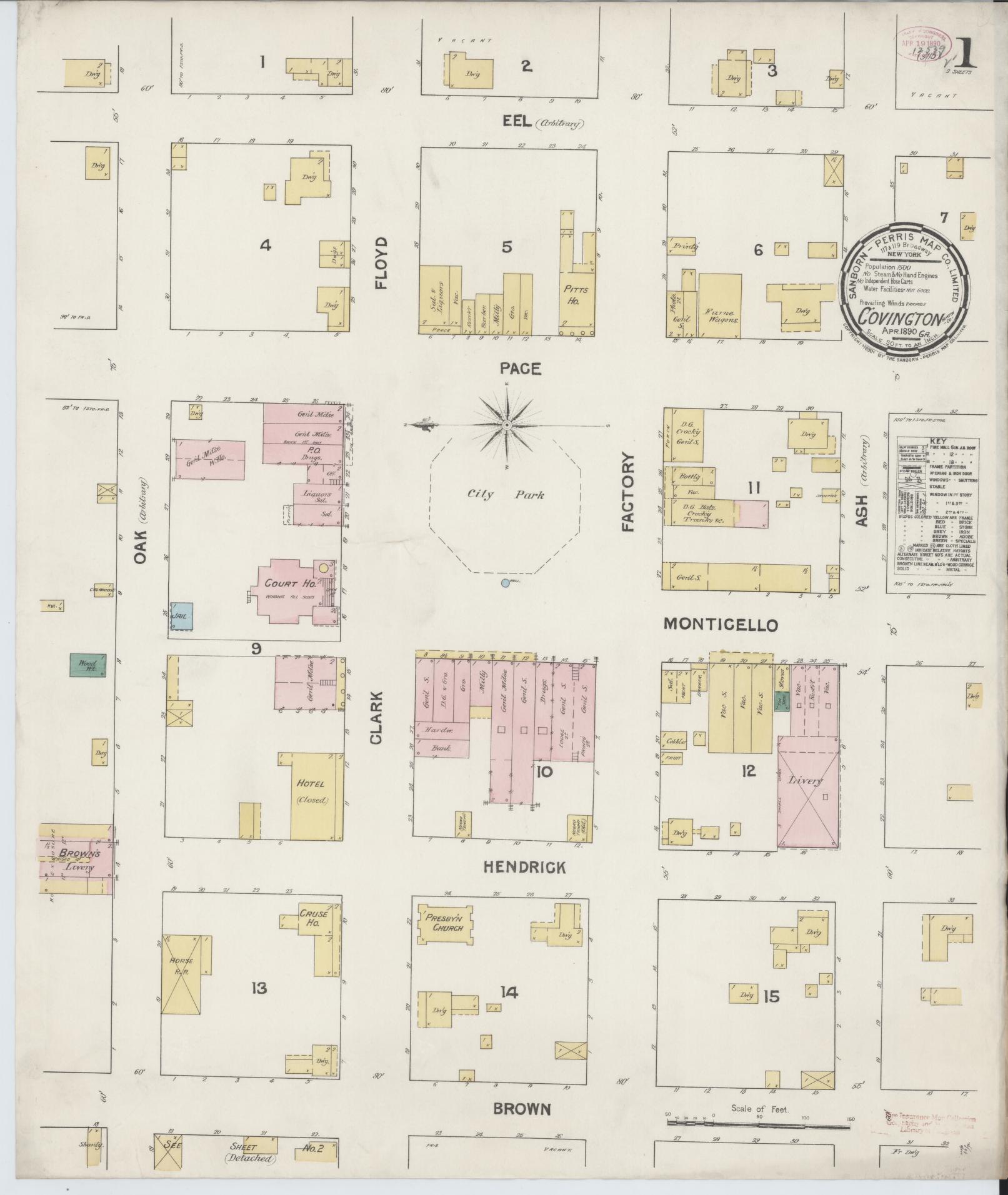 Sanborn Fire Insurance Map from Covington, Newton County, Georgia (1890), Sheet #0001 - Historic Sanborn Fire Insurance Map Print, vintage old map wall art, antique decor, genealogy gift, Georgia Georgia map