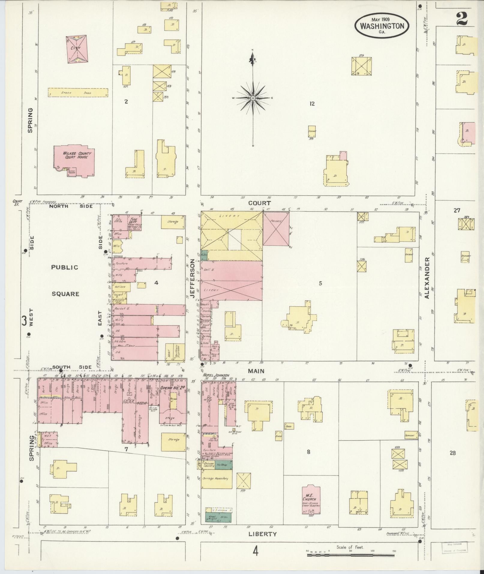Sanborn Fire Insurance Map from Washington, Wilkes County, Georgia (1909), Sheet #0002 - Historic Sanborn Fire Insurance Map Print, vintage old map wall art, antique decor, genealogy gift, Georgia Georgia map