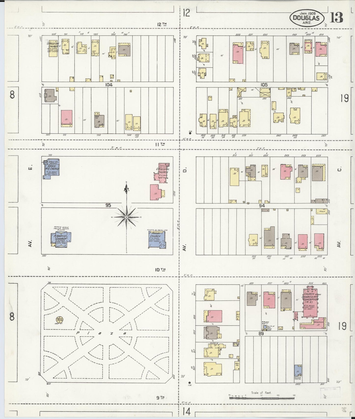Sanborn Fire Insurance Map from Douglas, Cochise County, Arizona (1909), Sheet #0013 - Historic Sanborn Fire Insurance Map Print, vintage old map wall art, antique decor, genealogy gift, Arizona Arizona map