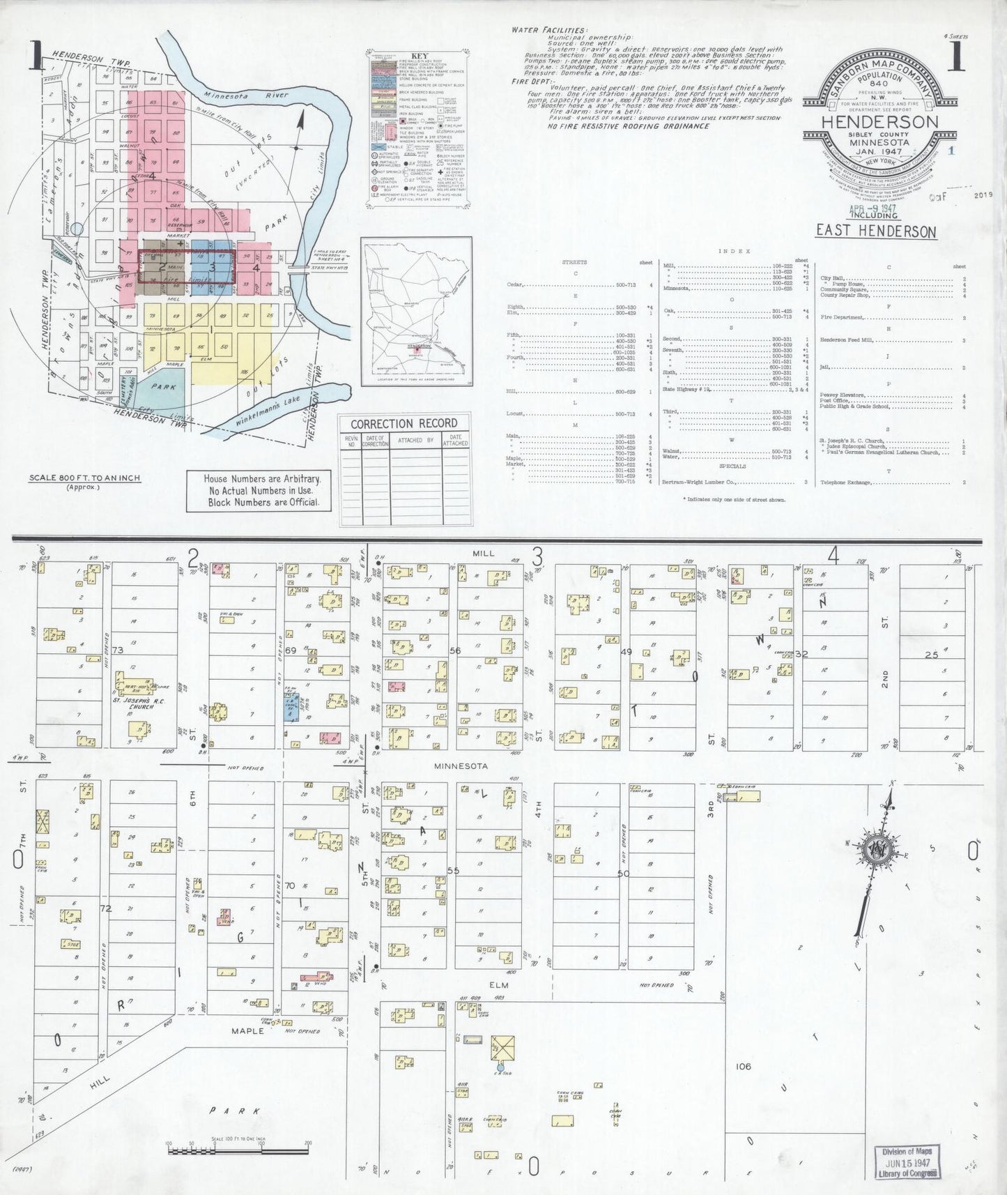 Sanborn Fire Insurance Map from Henderson, Sibley County, Minnesota (1947), Sheet #0001 - Historic Sanborn Fire Insurance Map Print, vintage old map wall art, antique decor, genealogy gift, Minnesota Minnesota map