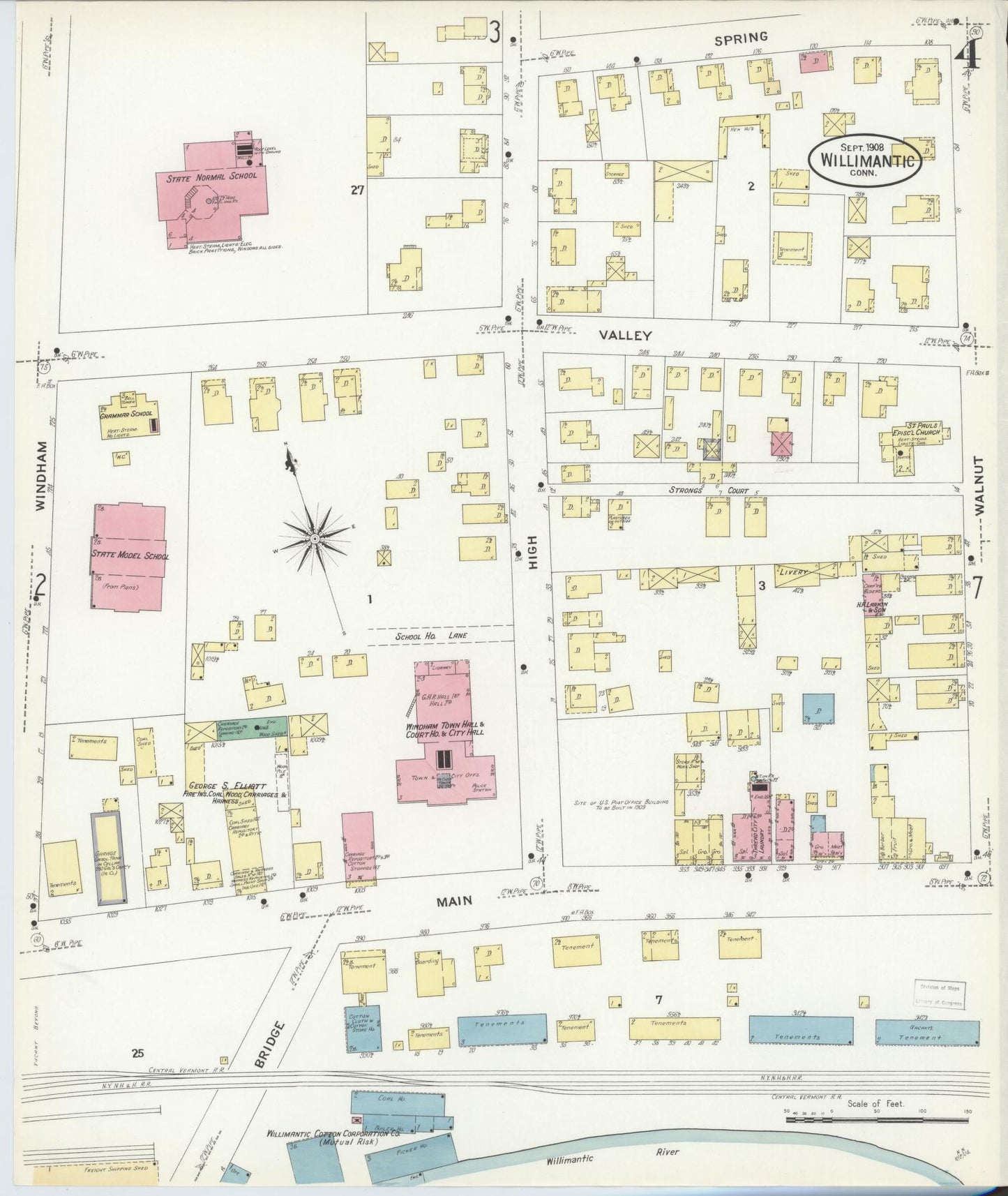 Sanborn Fire Insurance Map from Willimantic, Windham County, Connecticut (1908), Sheet #0004 - Historic Sanborn Fire Insurance Map Print, vintage old map wall art, antique decor, genealogy gift, Connecticut Connecticut map
