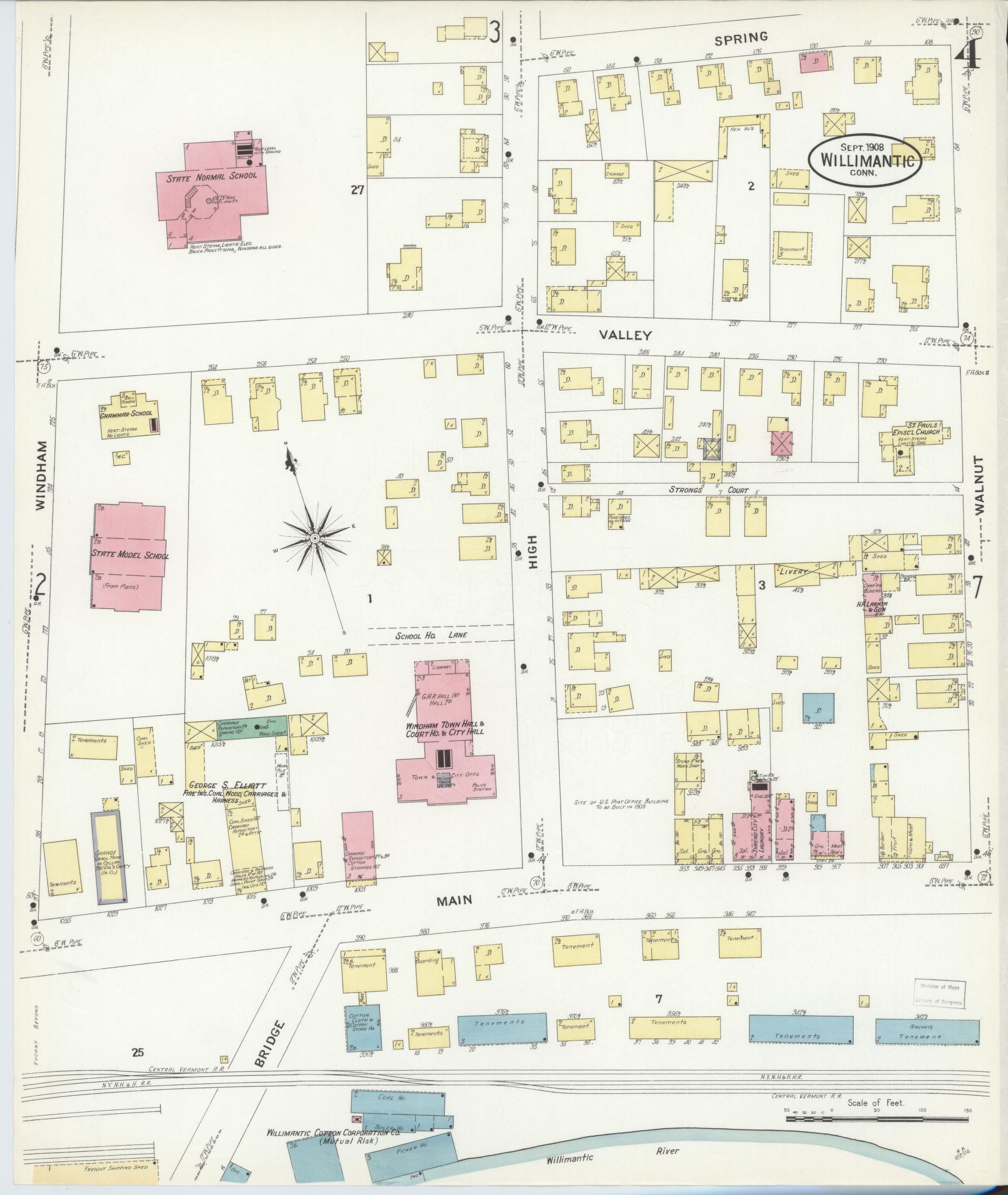Sanborn Fire Insurance Map from Willimantic, Windham County, Connecticut (1908), Sheet #0004 - Historic Sanborn Fire Insurance Map Print, vintage old map wall art, antique decor, genealogy gift, Connecticut Connecticut map