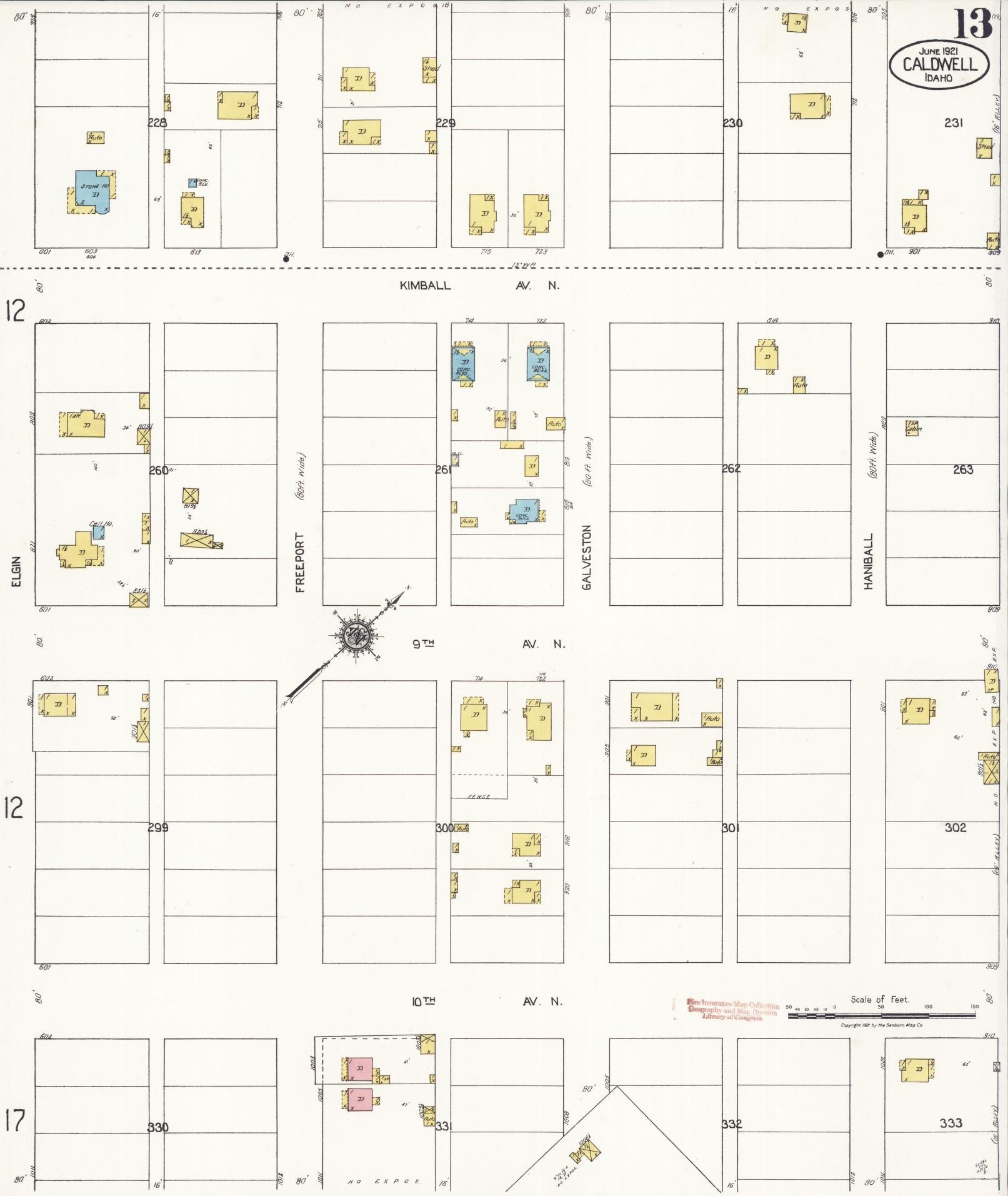 Sanborn Fire Insurance Map from Caldwell, Canyon County, Idaho (1921), Sheet #0013 - Historic Sanborn Fire Insurance Map Print, vintage old map wall art, antique decor, genealogy gift, Idaho Idaho map