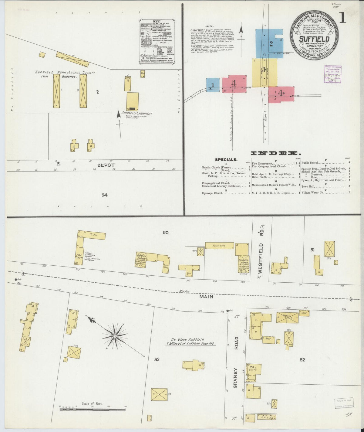 Sanborn Fire Insurance Map from Suffield, Hartford County, Connecticut (1905), Sheet #0001 - Historic Sanborn Fire Insurance Map Print, vintage old map wall art, antique decor, genealogy gift, Connecticut Connecticut map